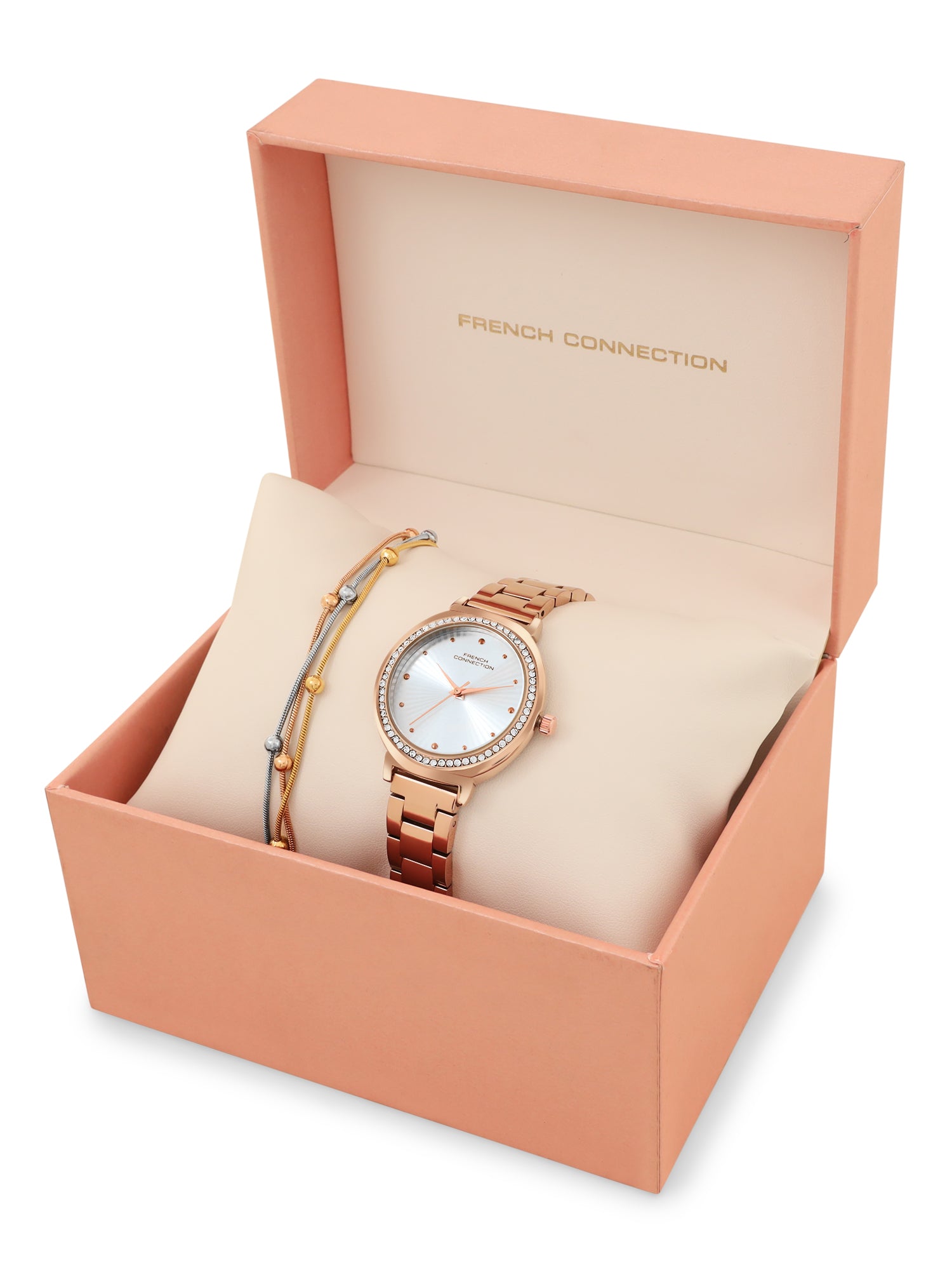 French Connection Textured Silver Round Dial With Rose Stainless Steel Strap Watch - For Womens FCN0145RGM