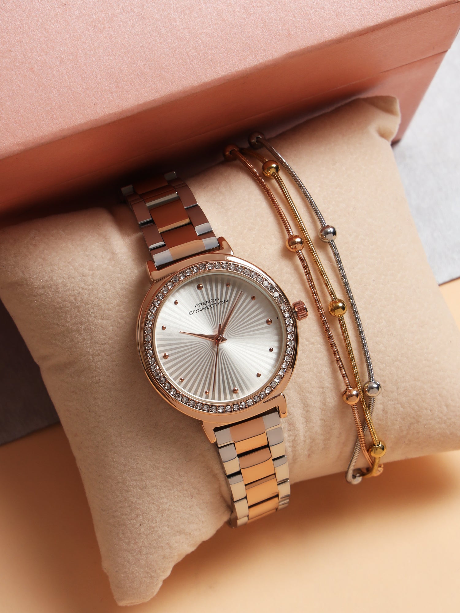 French Connection Textured Silver Round Dial With Rose Two Tone Stainless Steel Strap Watch - For Womens FCN0145RTM