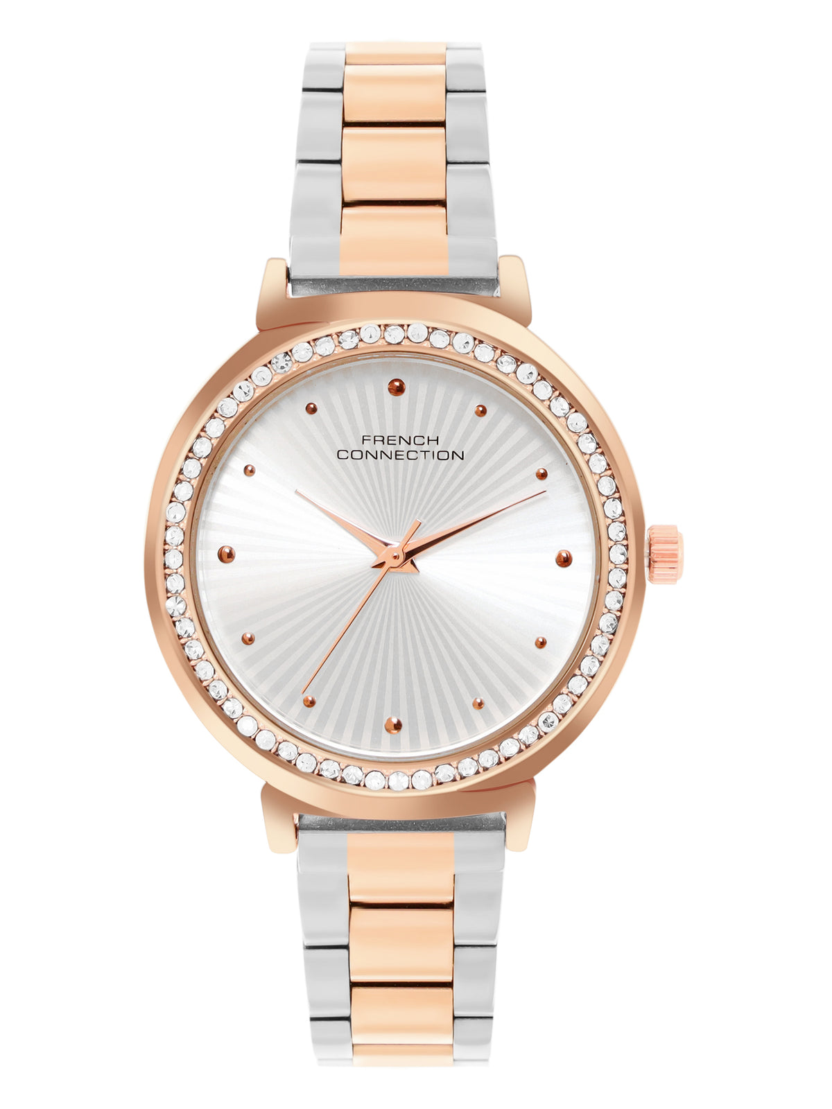 French Connection Textured Silver Round Dial With Rose Two Tone Stainless Steel Strap Watch - For Womens FCN0145RTM