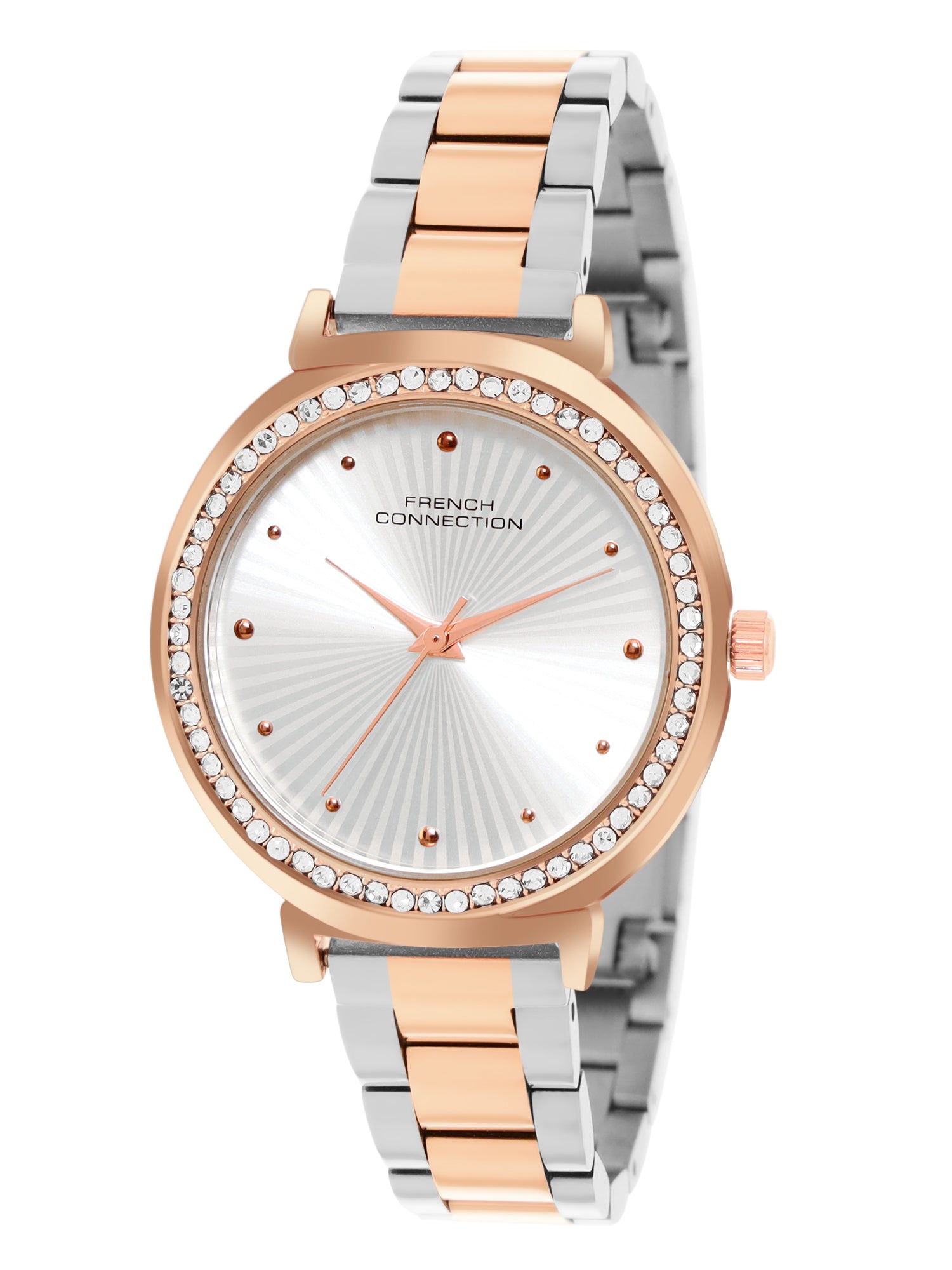French Connection Textured Silver Round Dial With Rose Two Tone Stainless Steel Strap Watch - For Womens FCN0145RTM