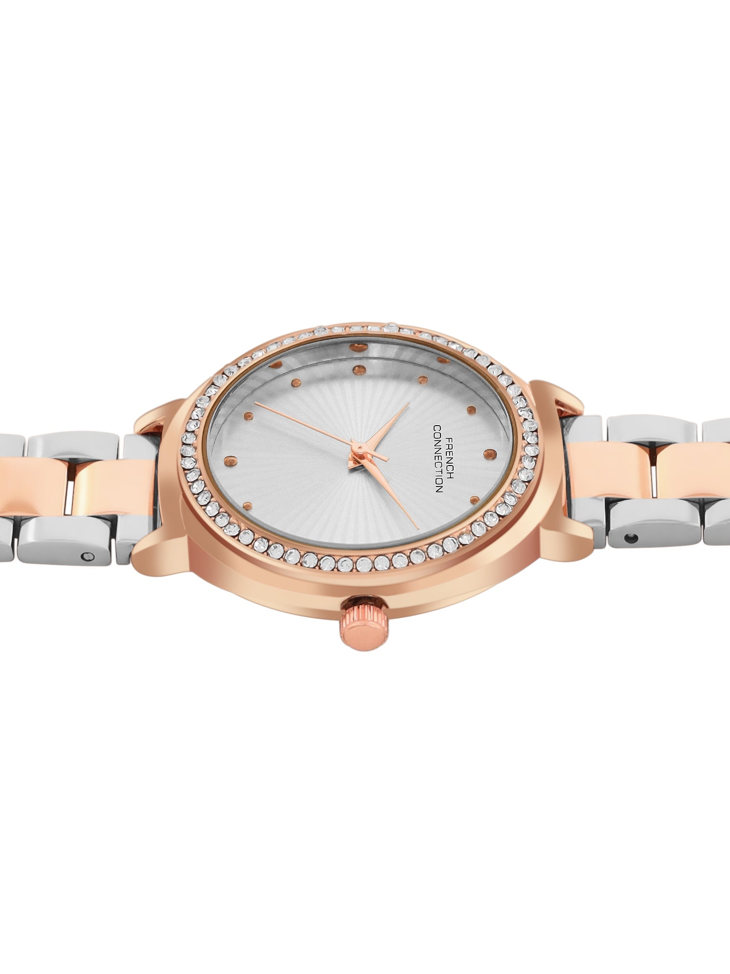 French Connection Textured Silver Round Dial With Rose Two Tone Stainless Steel Strap Watch - For Womens FCN0145RTM