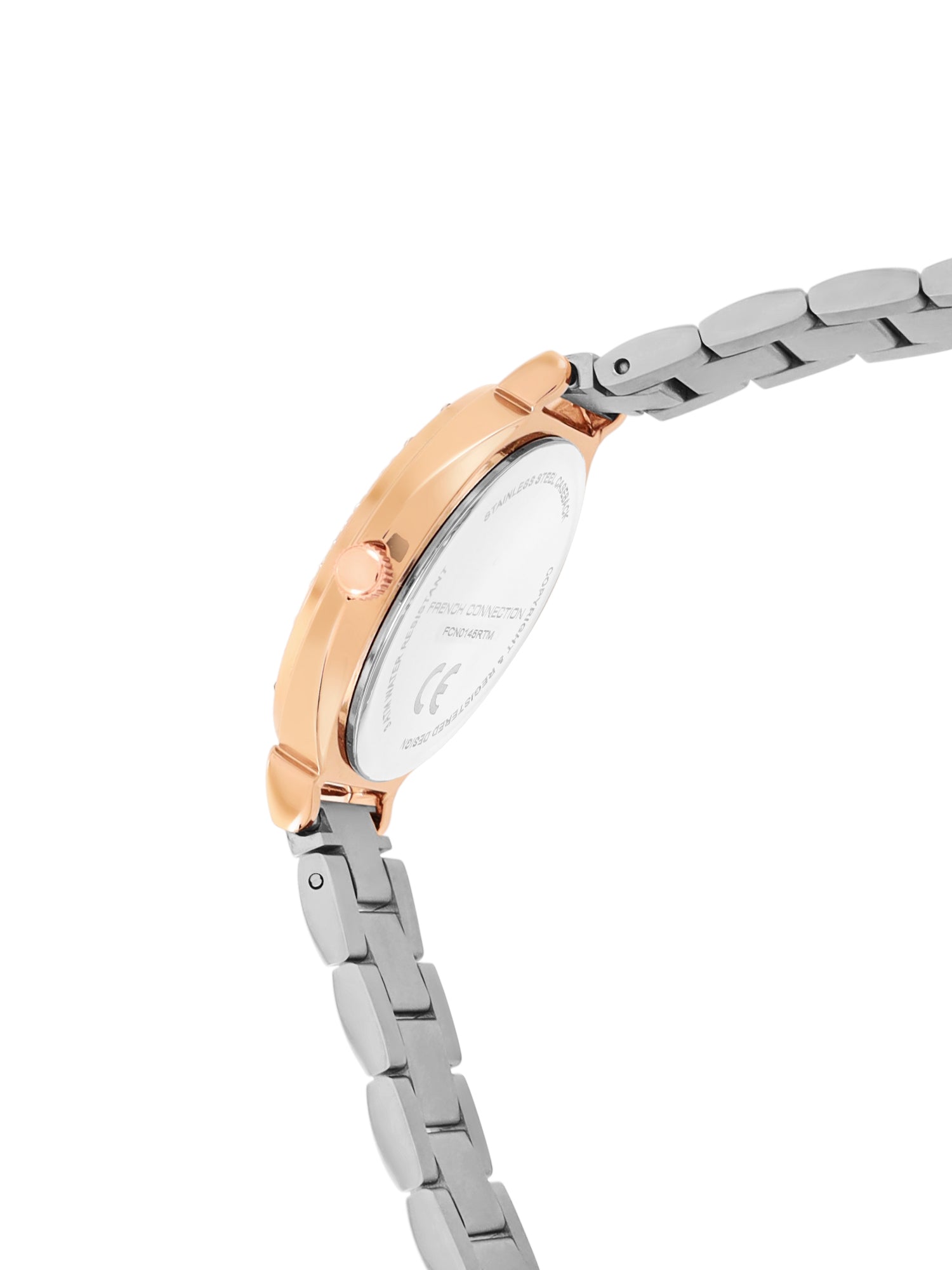 French Connection Textured Silver Round Dial With Rose Two Tone Stainless Steel Strap Watch - For Womens FCN0145RTM