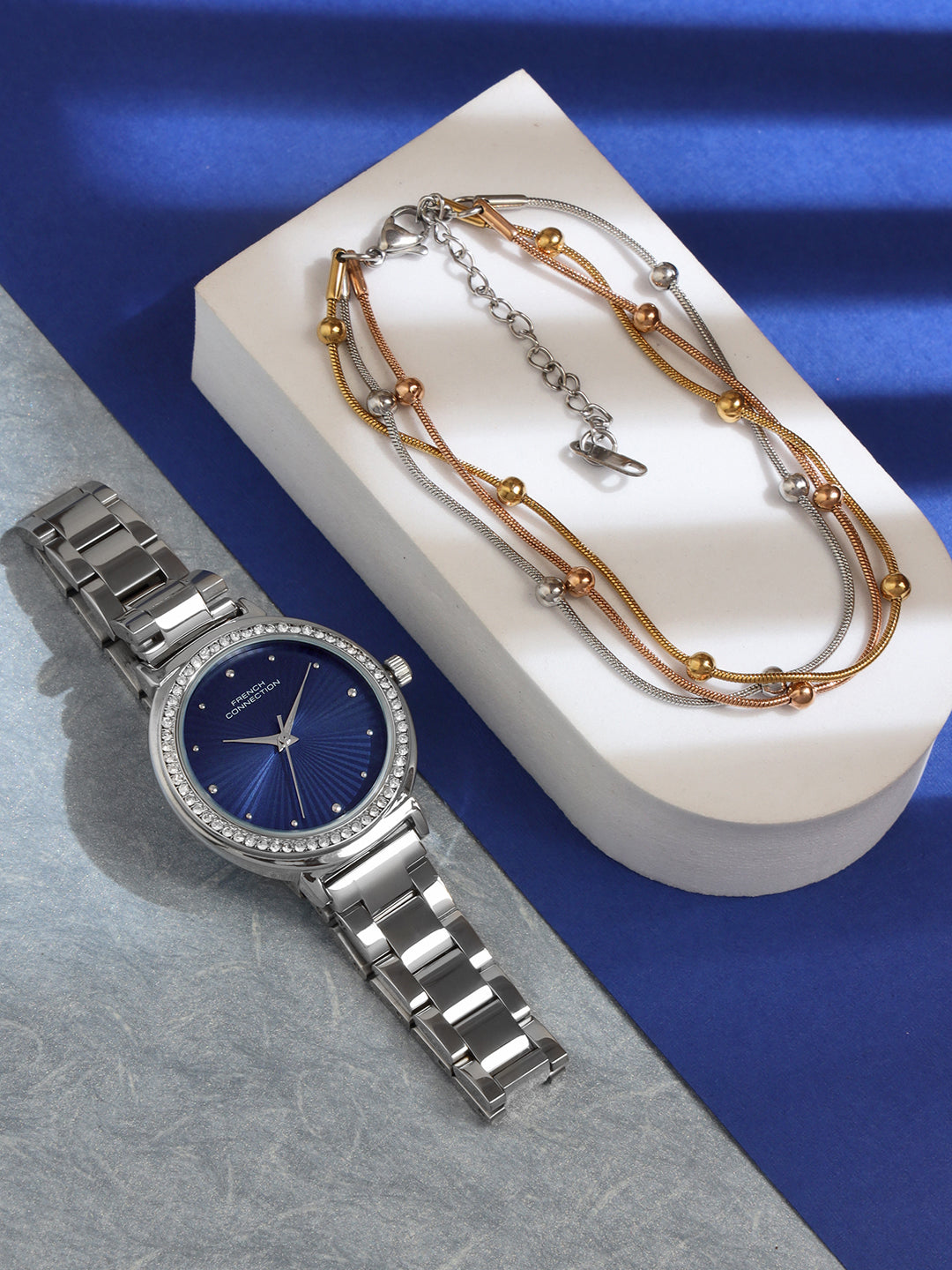 French Connection Textured Blue Round Dial With Stainless Steel Strap Watch - For Womens FCN0145USM