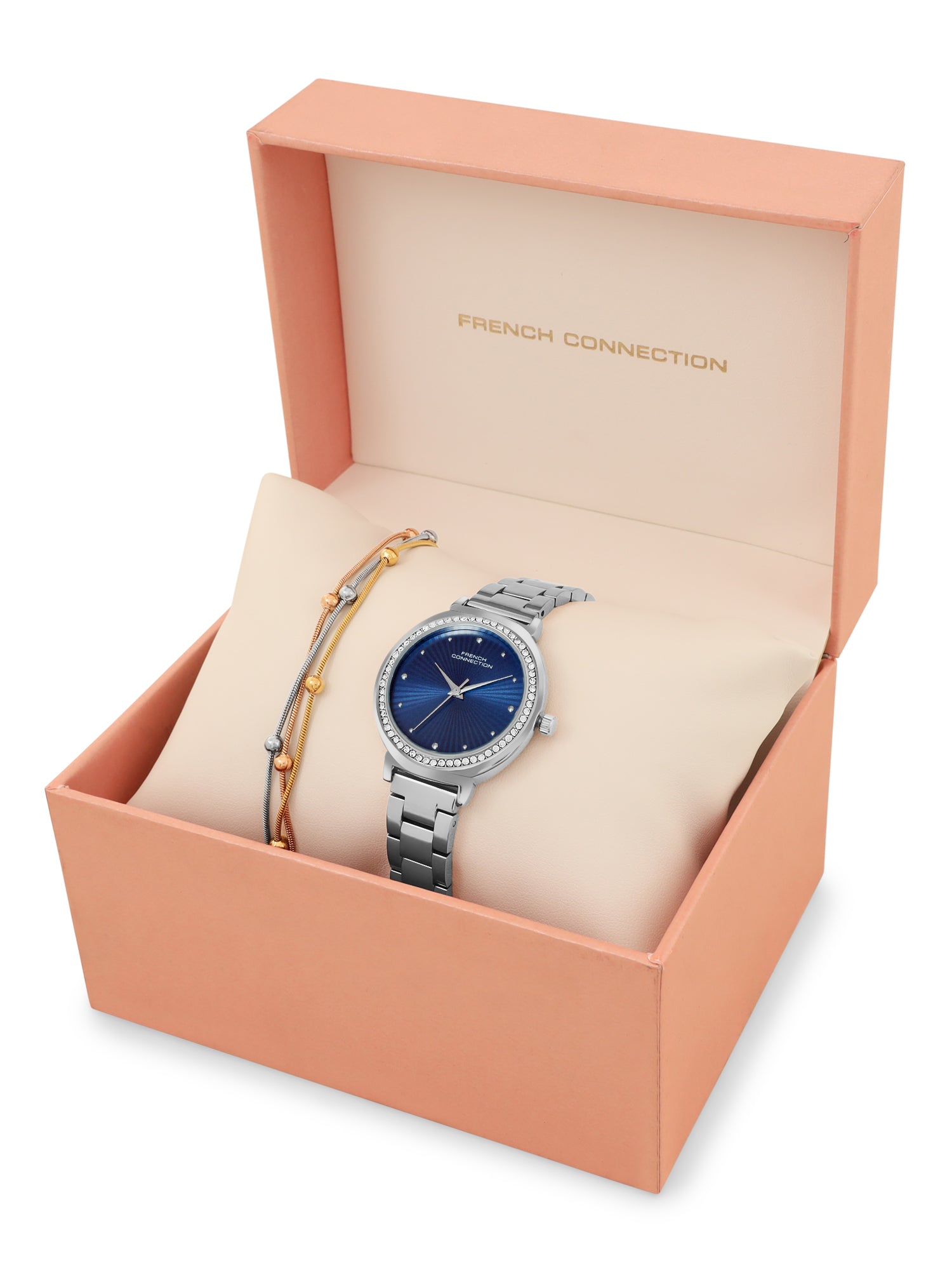French Connection Textured Blue Round Dial With Stainless Steel Strap Watch - For Womens FCN0145USM