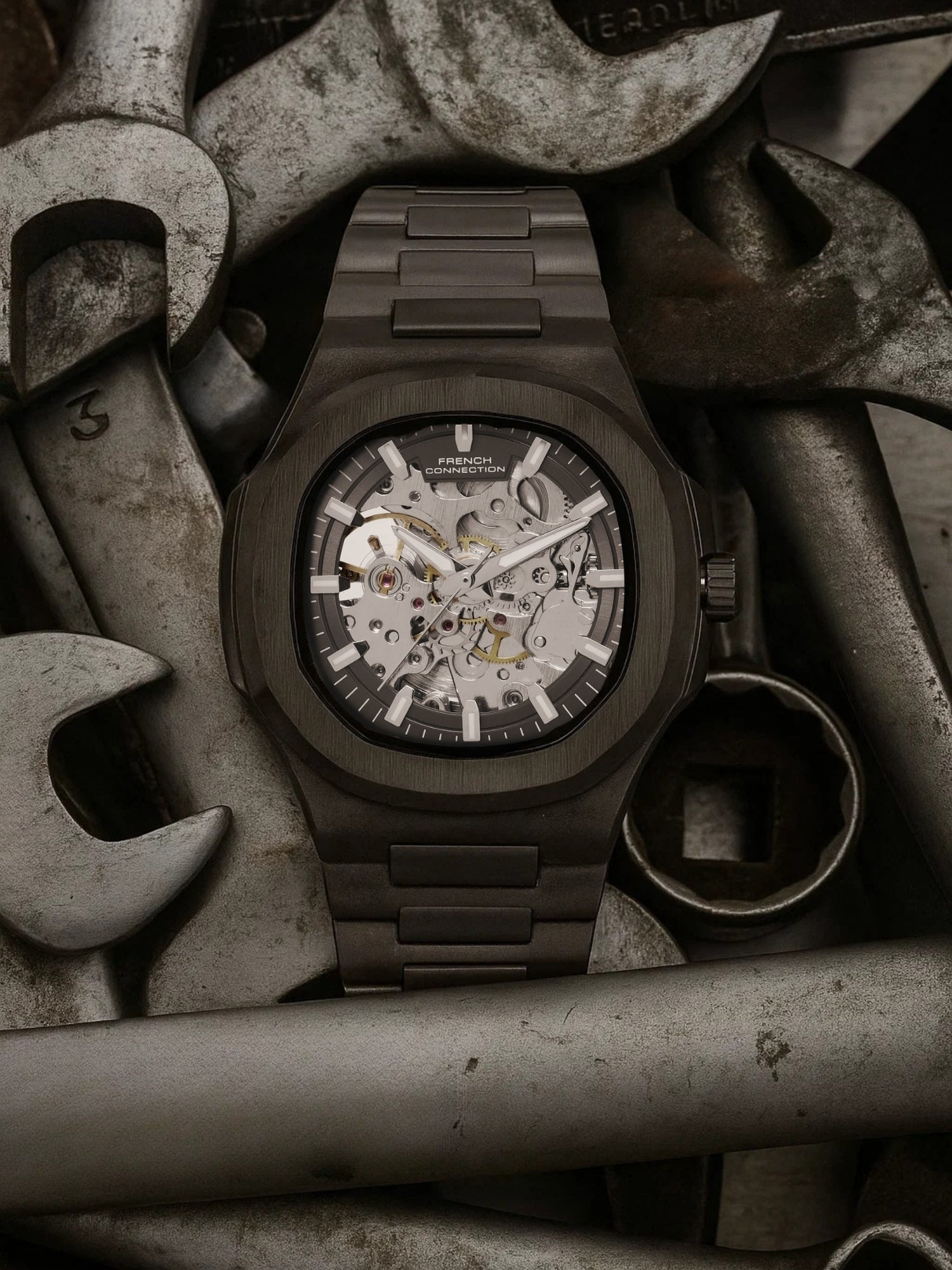 French Connection Men Skeleton Dial & Bracelet Style Straps Automatic Watch- FCN0149GNM