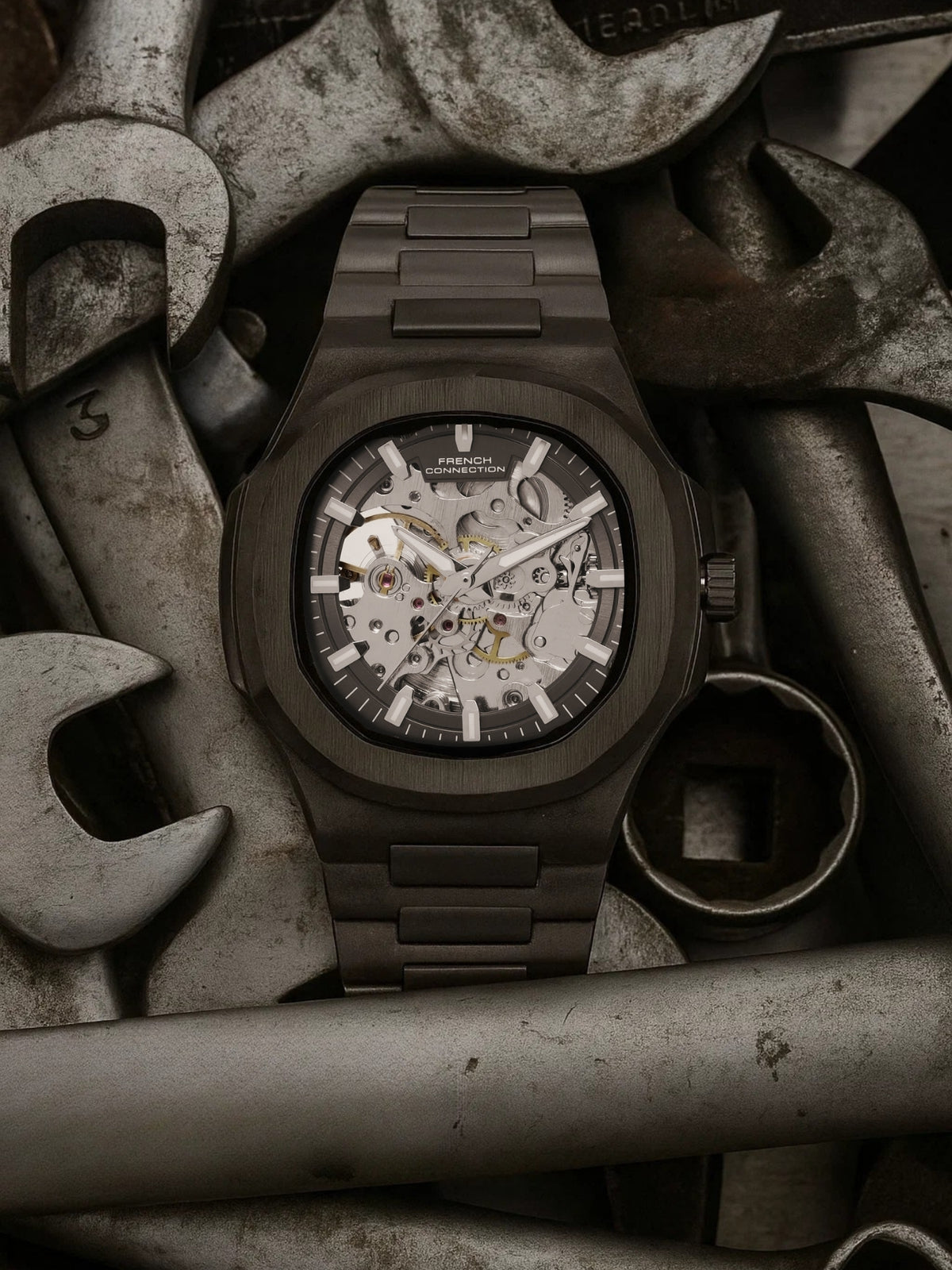 French Connection Men Skeleton Dial & Bracelet Style Straps Automatic Watch- FCN0149GNM