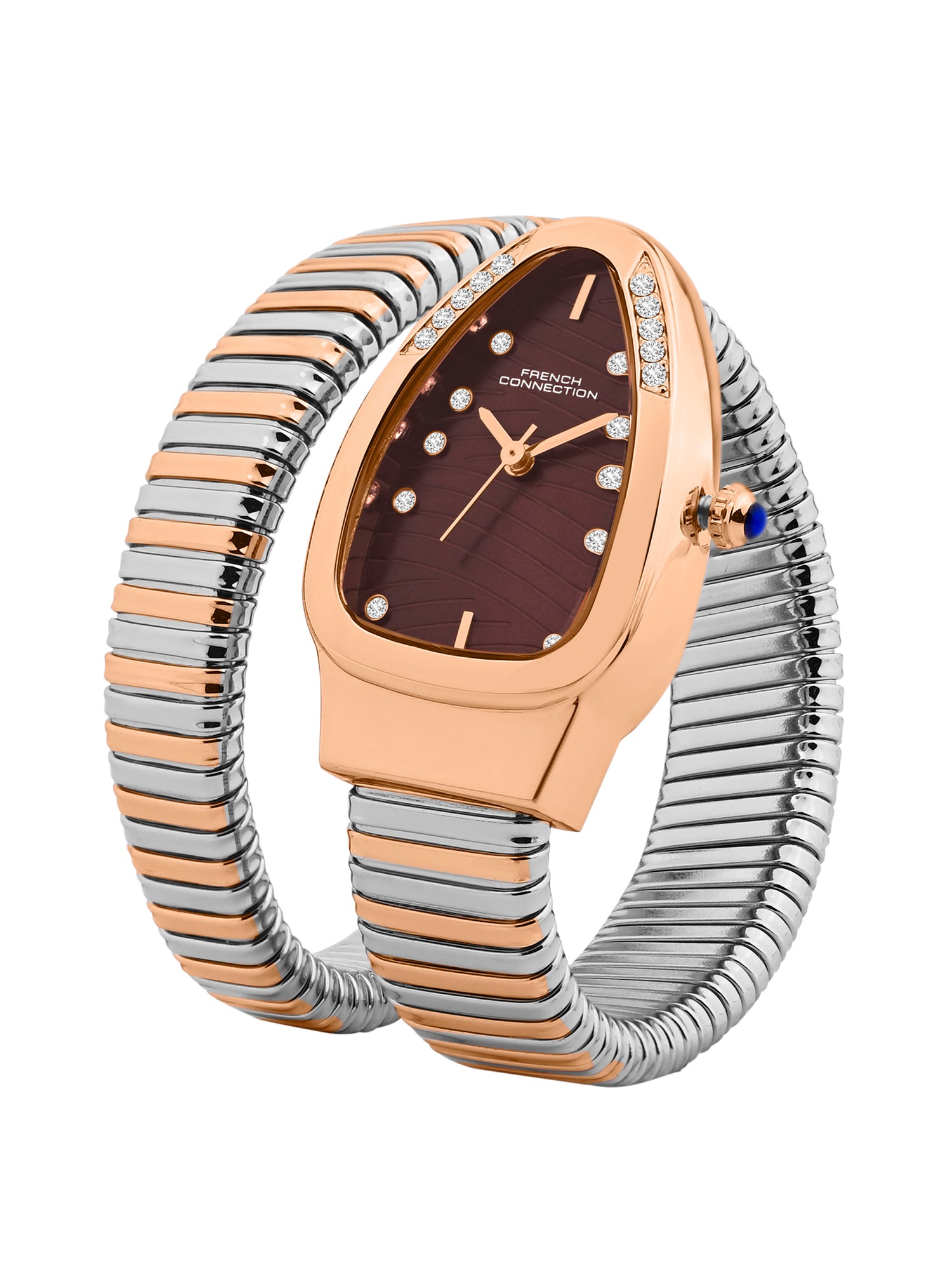French Connection Women Snake-Shaped Wrap Around Analogue Watch FCN0189BRTM - Brown Dial Rose Gold Two-Tone