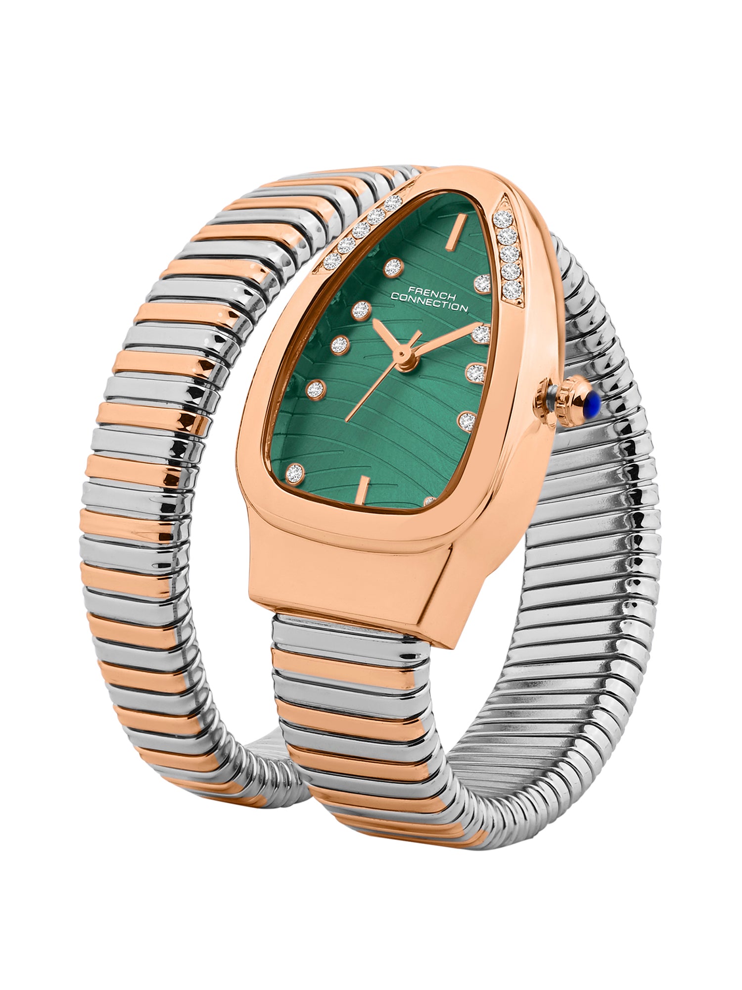 French Connection Women Snake-Shaped Wrap Around Analogue Watch FCN0189NRTM - Green Dial Two-Tone