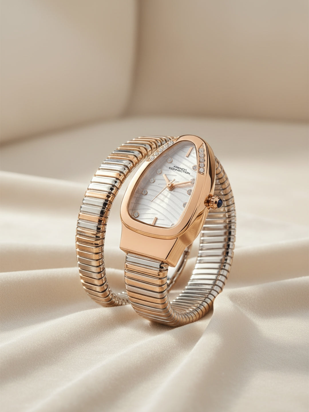 French Connection Women Snake-Shaped Wrap Around Analogue Watch FCN0189SRTM - Silver Two-Tone