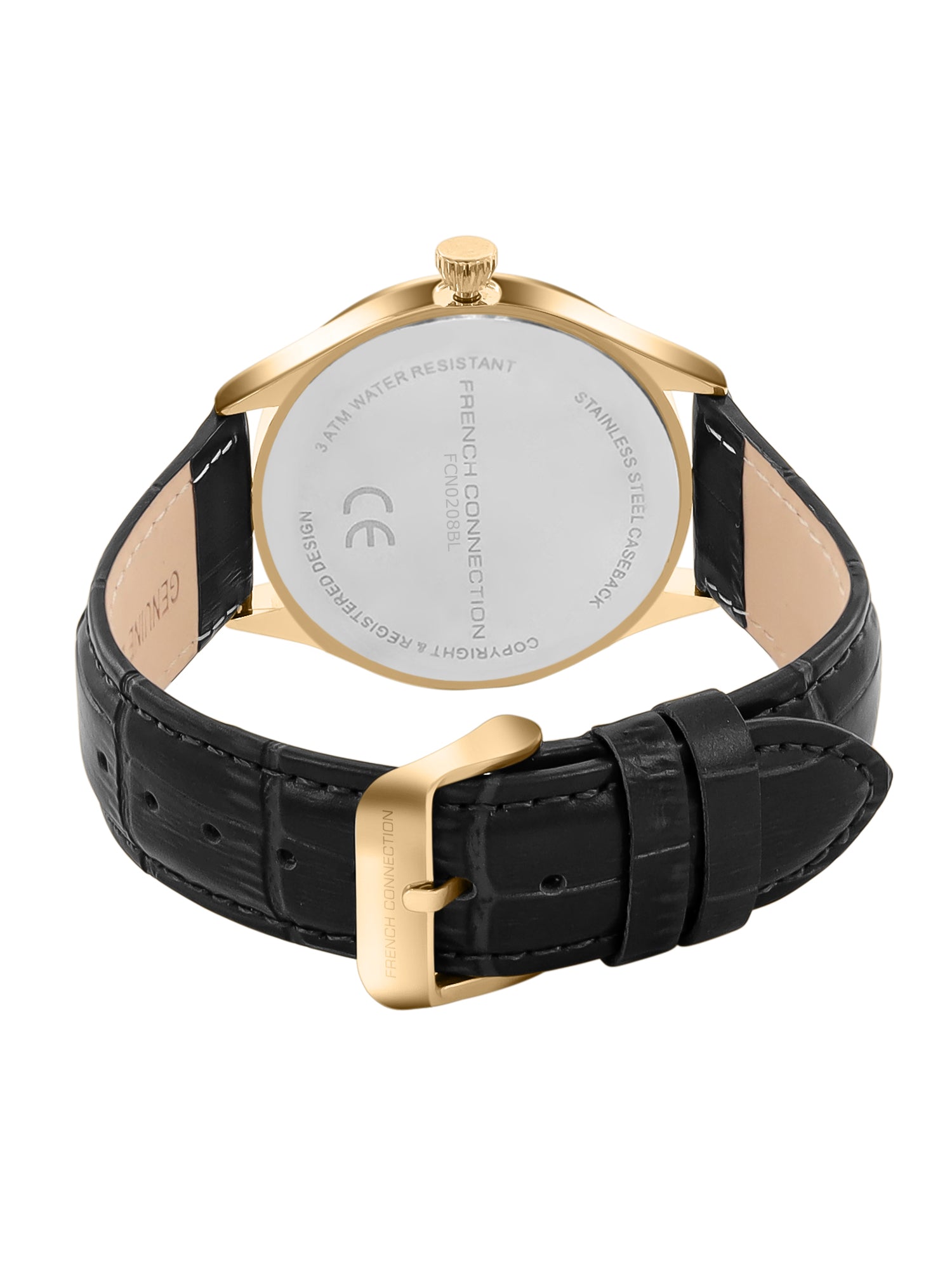 French Connection Heure Noble | Quartz Analog Display | Black Dial | Black Leather Strap | Watch for Men - FCN0208BL