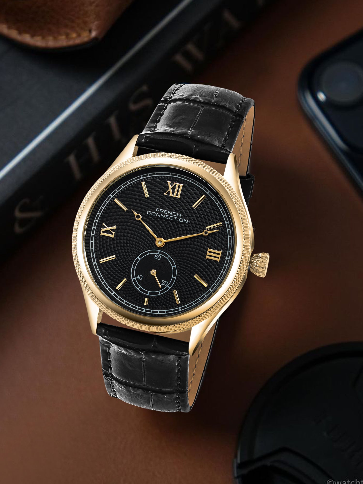 French Connection Heure Noble | Quartz Analog Display | Black Dial | Black Leather Strap | Watch for Men - FCN0208BL