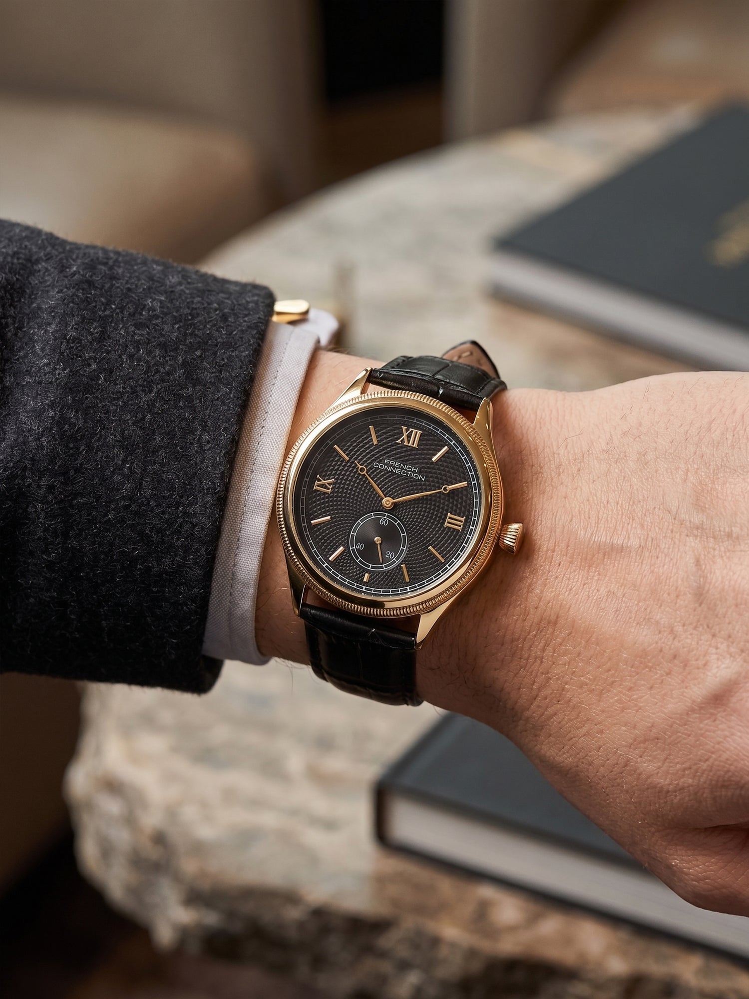 French Connection Heure Noble | Quartz Analog Display | Black Dial | Black Leather Strap | Watch for Men - FCN0208BL