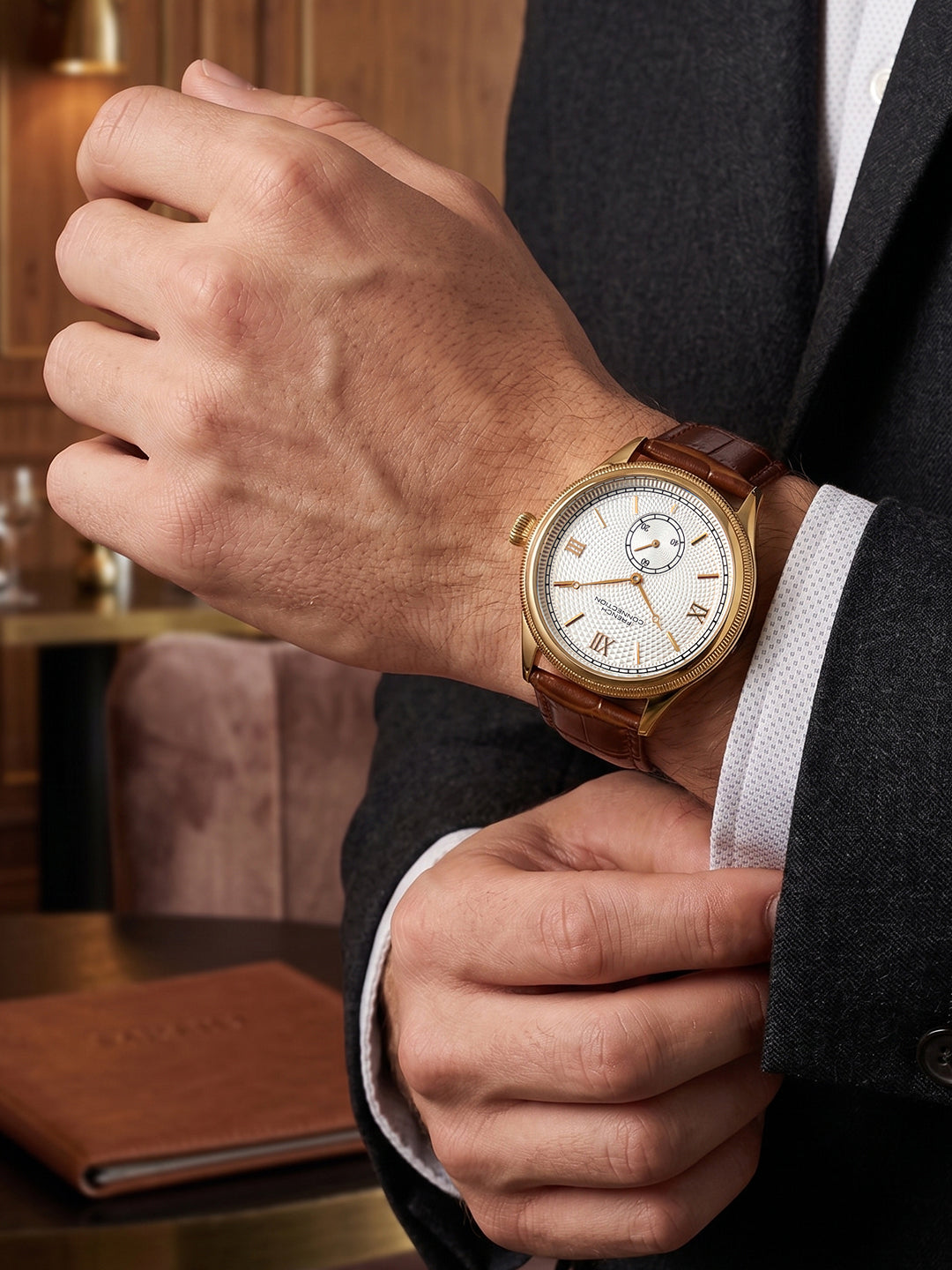 French Connection Heure Noble | Quartz Analog Display | White Dial | Brown Leather Strap | Watch for Men - FCN0208BRL