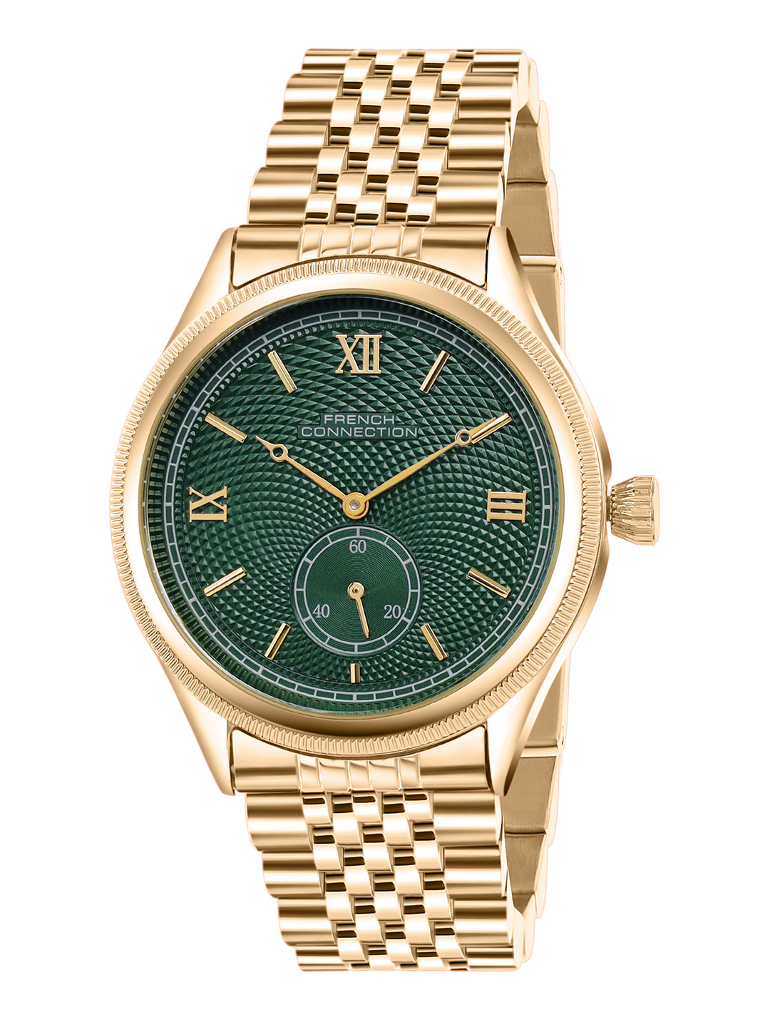 French Connection Heure Noble | Quartz Analog Display | Green Dial | Gold Stainless Steel Strap | Watch for Men - FCN0208NGM