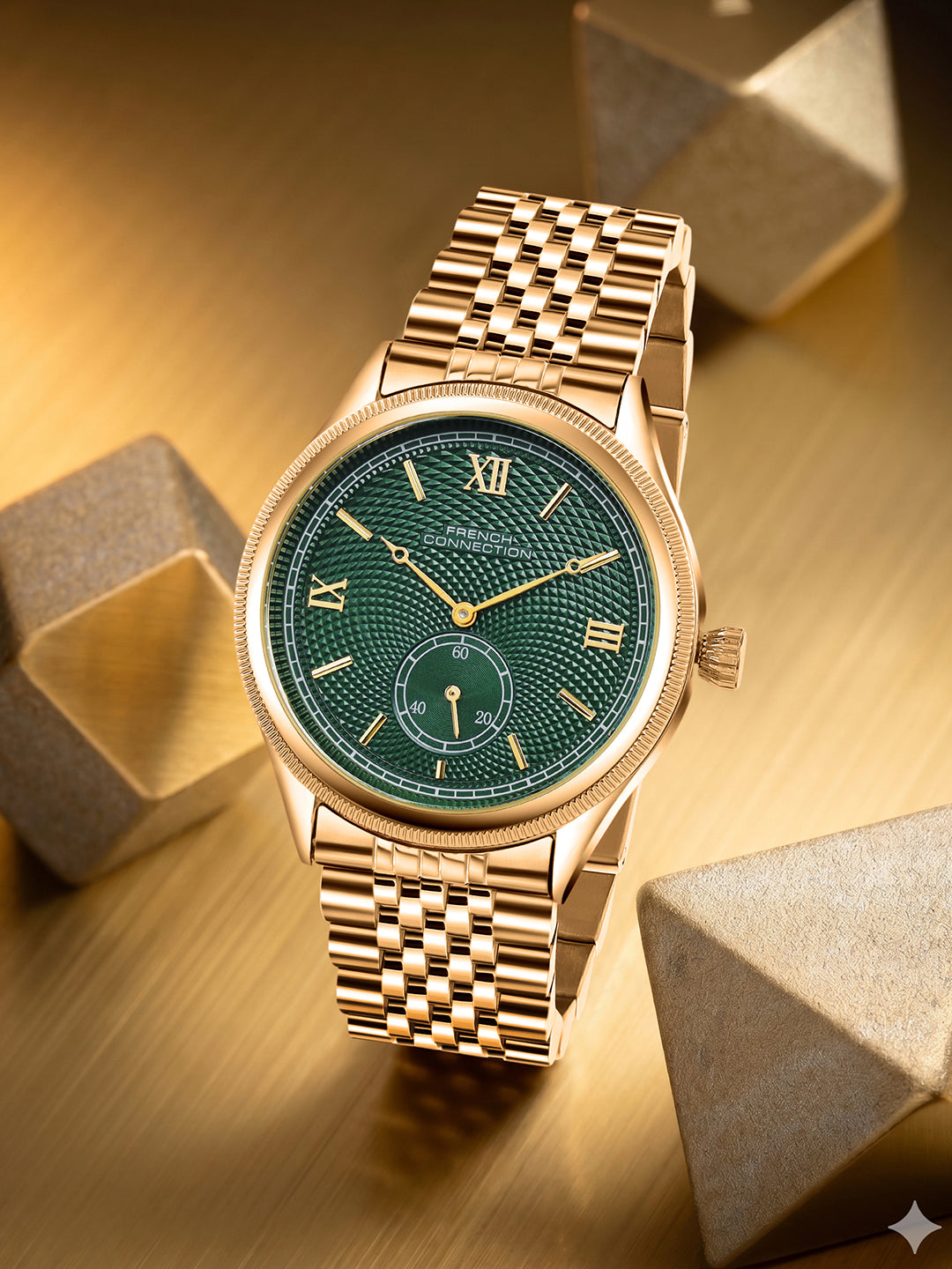 French Connection Heure Noble | Quartz Analog Display | Green Dial | Gold Stainless Steel Strap | Watch for Men - FCN0208NGM