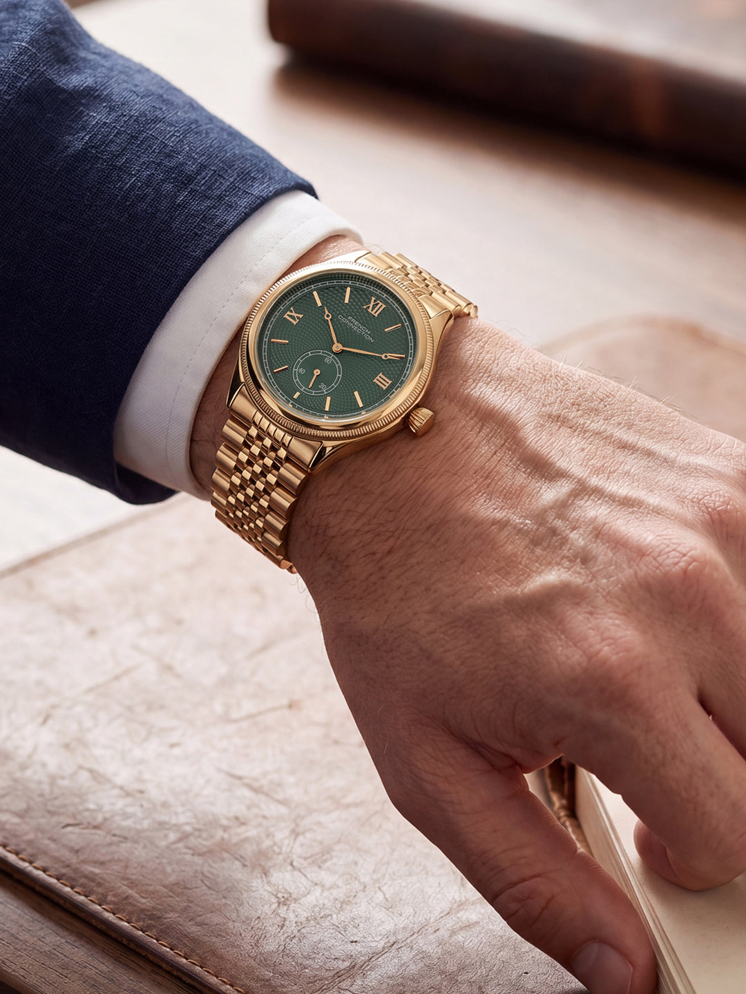 French Connection Heure Noble | Quartz Analog Display | Green Dial | Gold Stainless Steel Strap | Watch for Men - FCN0208NGM