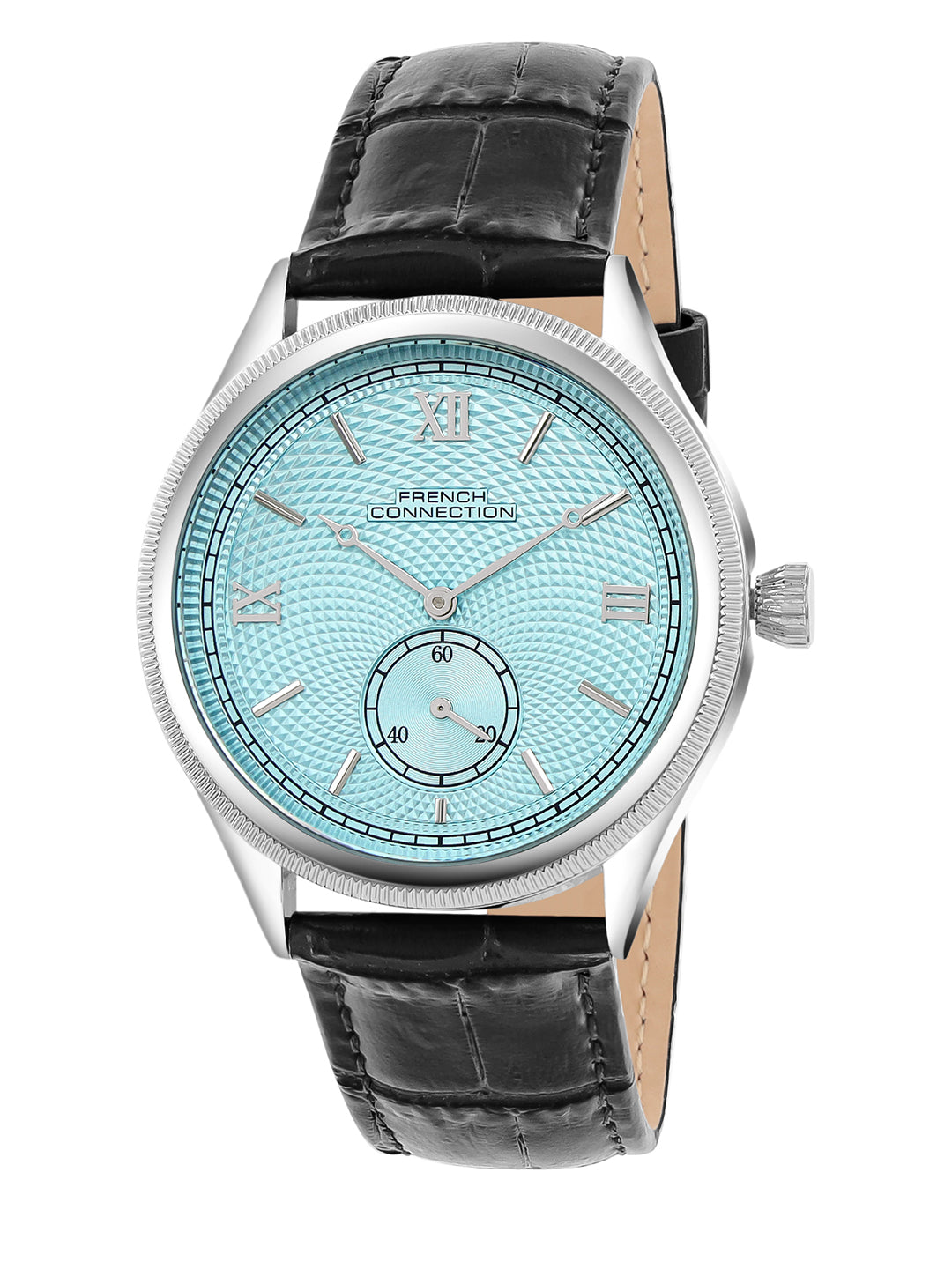 French Connection Heure Noble | Quartz Analog Display | Blue Dial | Black Leather Strap | Watch for Men - FCN0208UBL