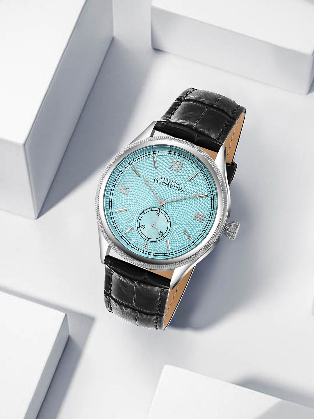French Connection Heure Noble | Quartz Analog Display | Blue Dial | Black Leather Strap | Watch for Men - FCN0208UBL