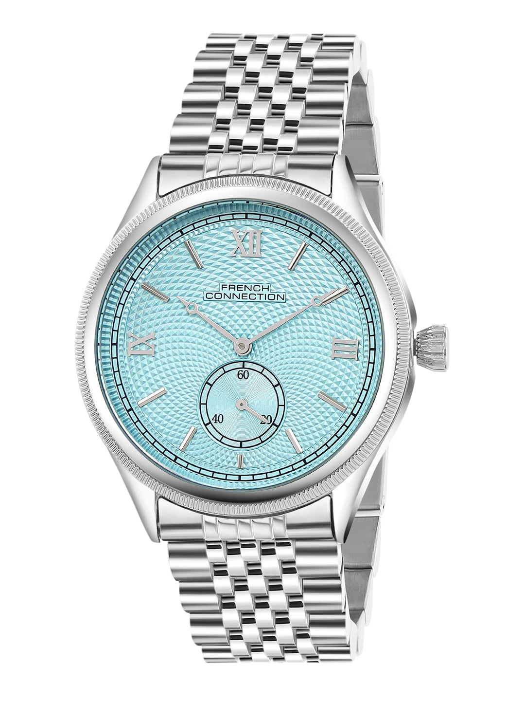 French Connection Heure Noble | Quartz Analog Display | Blue Dial | Silver Stainless Steel Strap | Watch for Men - FCN0208USM