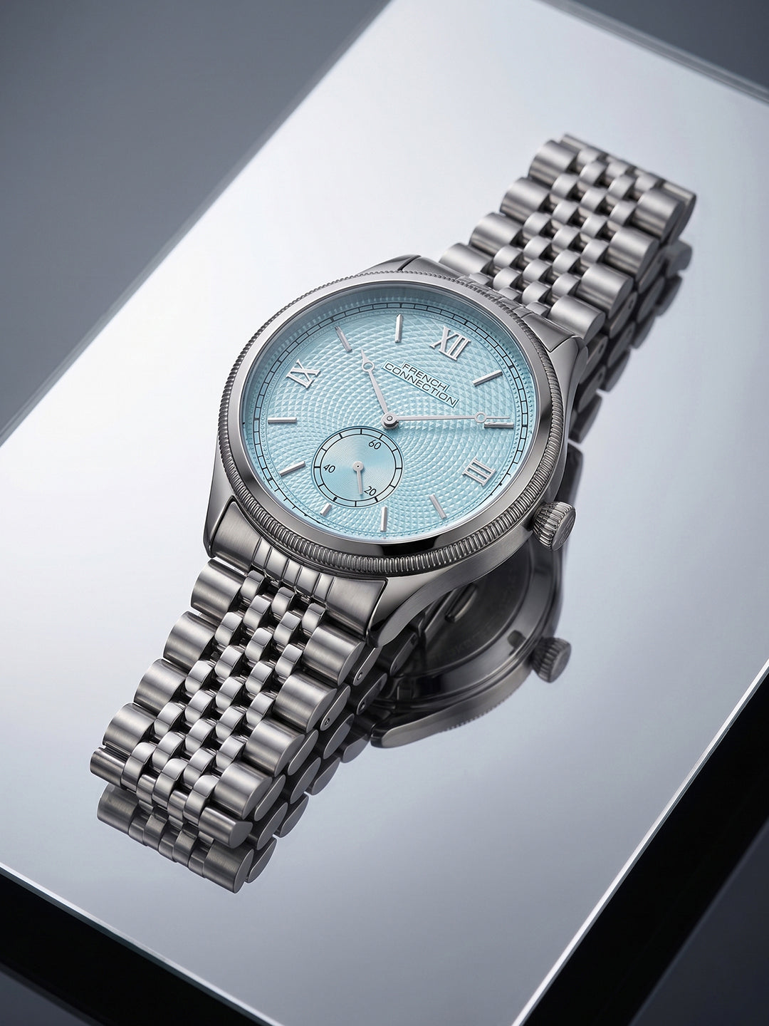 French Connection Heure Noble | Quartz Analog Display | Blue Dial | Silver Stainless Steel Strap | Watch for Men - FCN0208USM