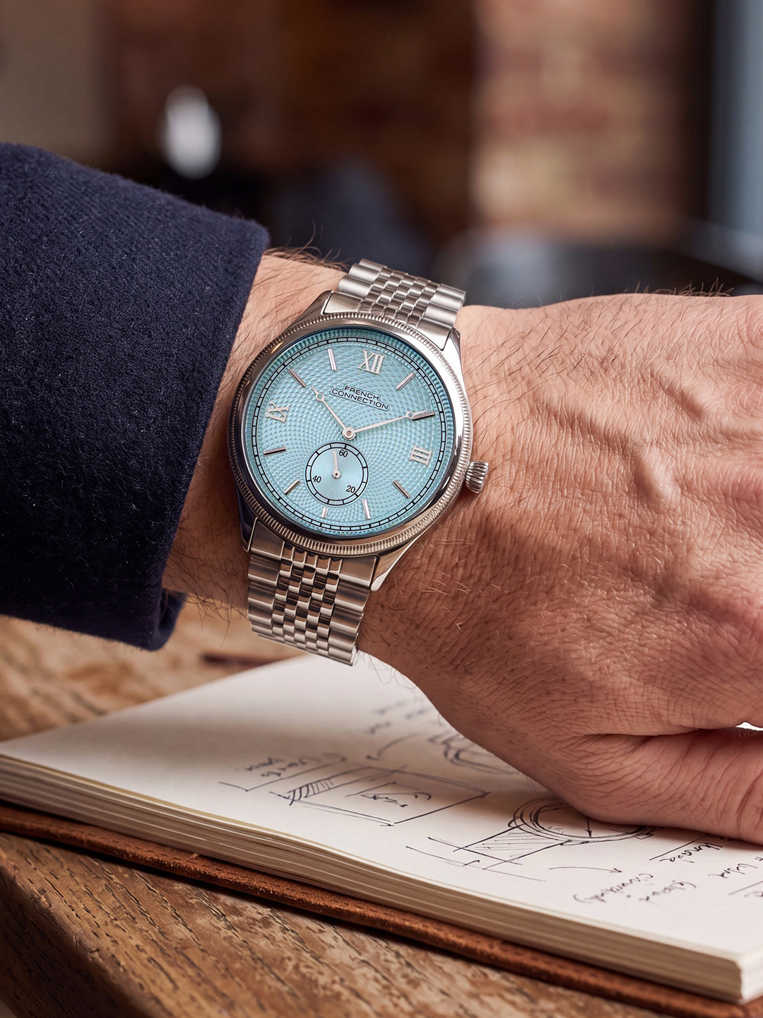 French Connection Heure Noble | Quartz Analog Display | Blue Dial | Silver Stainless Steel Strap | Watch for Men - FCN0208USM