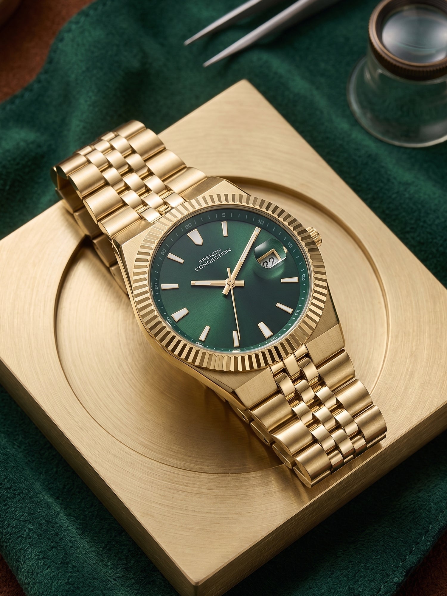 French Connection Jubilaire | Quartz Analog Display | Green Dial | Gold Stainless Steel Strap | Watch for Men - FCN0209NGM
