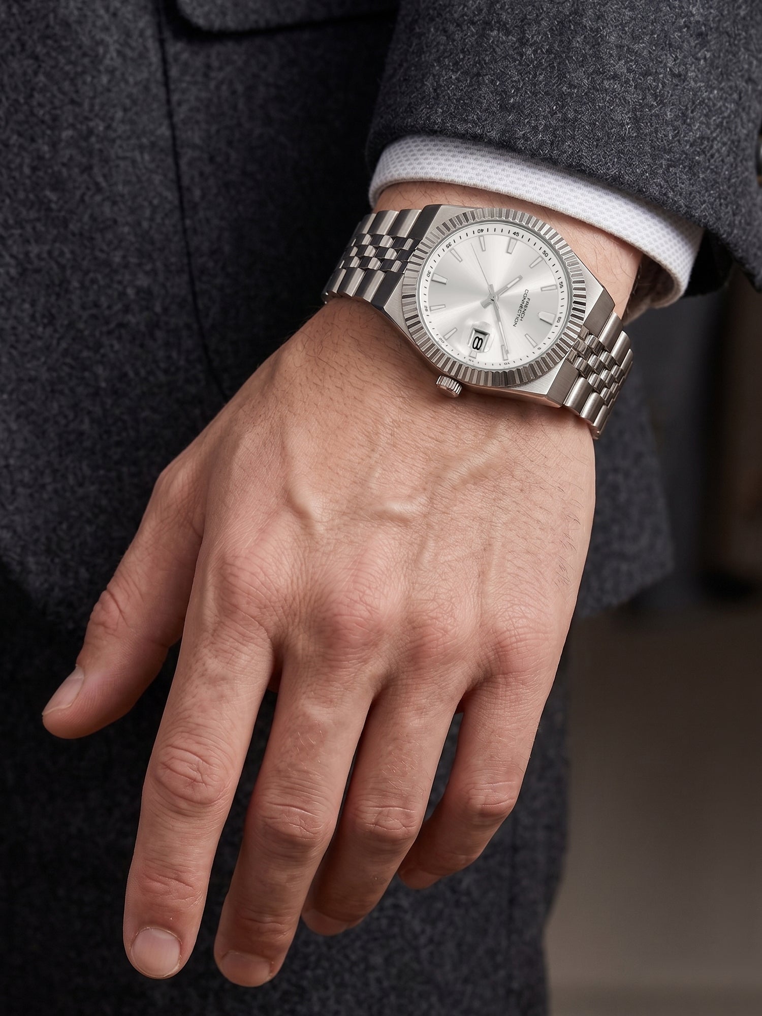 French Connection Jubilaire | Quartz Analog Display | Silver Dial | Silver Stainless Steel Strap | Watch for Men - FCN0209SM