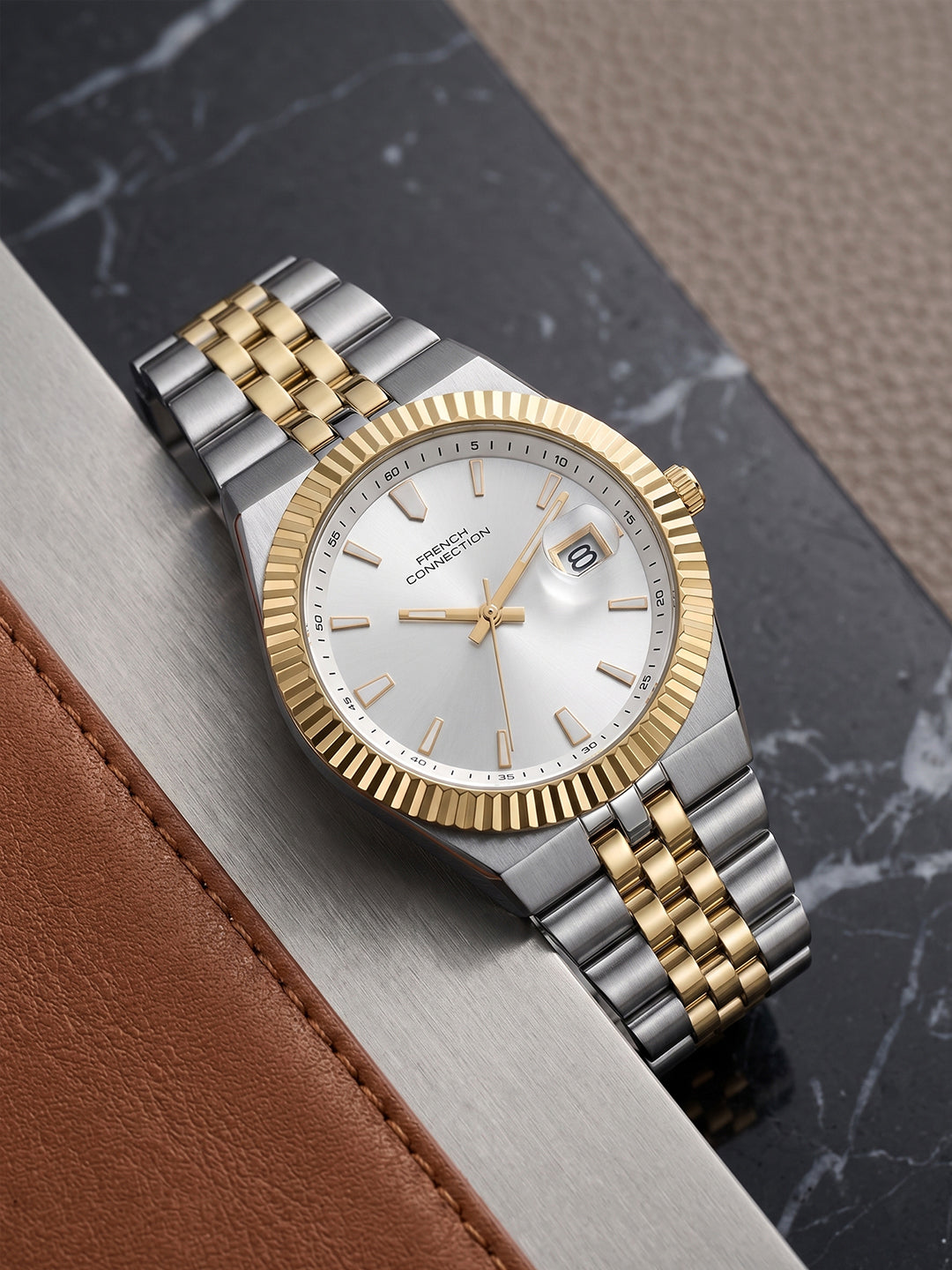 French Connection Steelora | Quartz Dated Display | Silver Dial | Stainless Steel Strap | Watch for Men - FCN0209STM