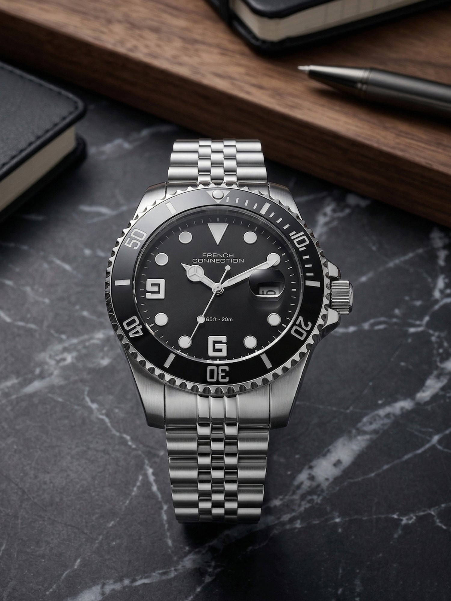 French Connection Steelora | Quartz Dated Display | Black Dial | Stainless Steel Strap | Watch for Men - FCN0210BSM