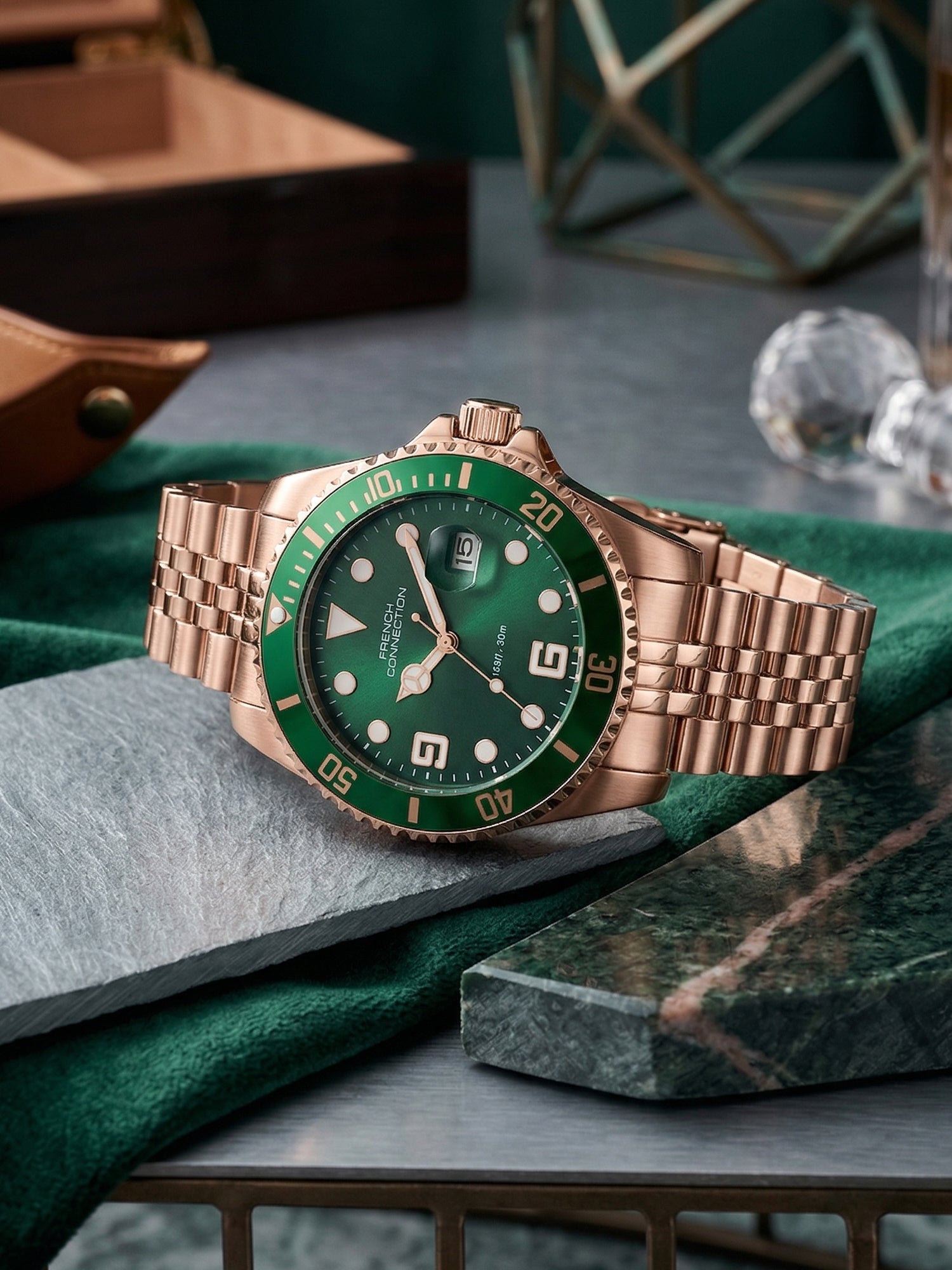 French Connection Steelora | Quartz Dated Display | Green Dial | Rose Gold Stainless Steel Strap | Watch for Men - FCN0210NRGM