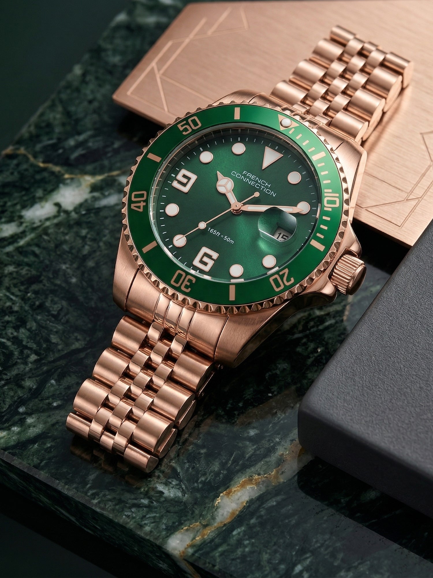 French Connection Steelora | Quartz Dated Display | Green Dial | Rose Gold Stainless Steel Strap | Watch for Men - FCN0210NRGM