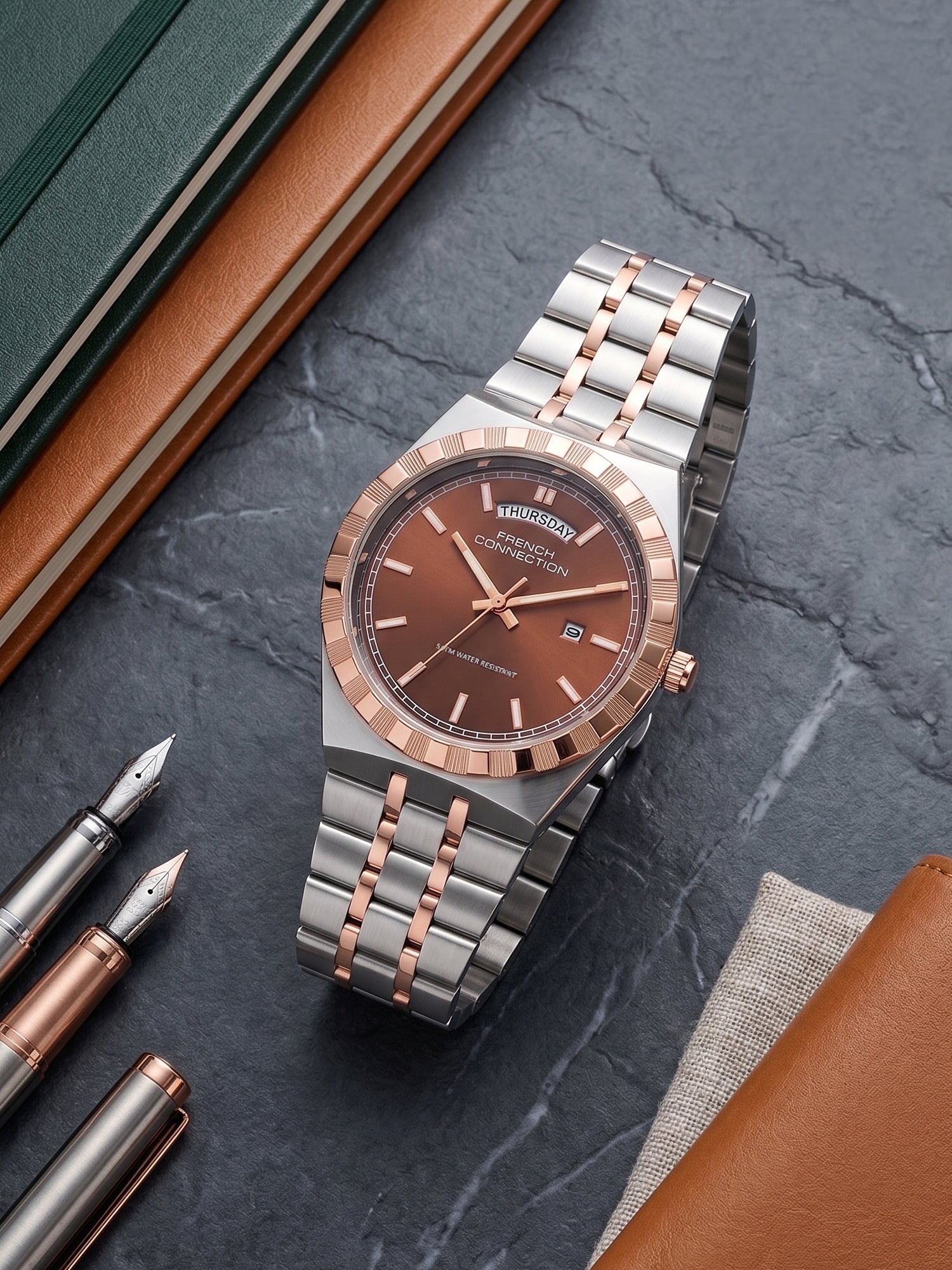 French Connection Courant Classique | Quartz Analog Display | Day Date Display Brown Dial | Two-Tone Stainless Steel Strap | Watch for Men - FCN0211BRTM
