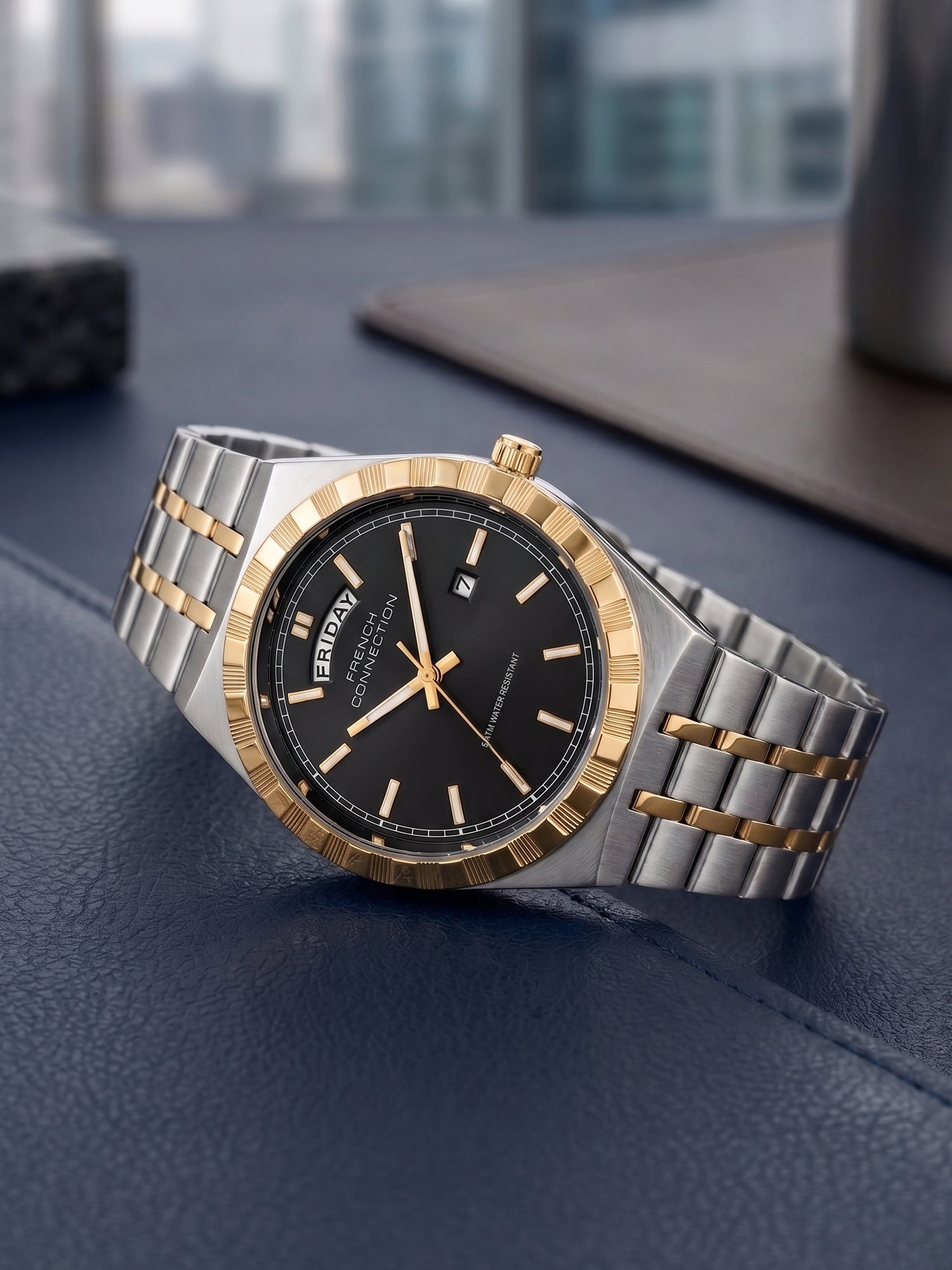 French Connection Courant Classique | Quartz Analog Display | Day Date Display Black Dial | Two-Tone Stainless Steel Strap | Watch for Men - FCN0211BTM