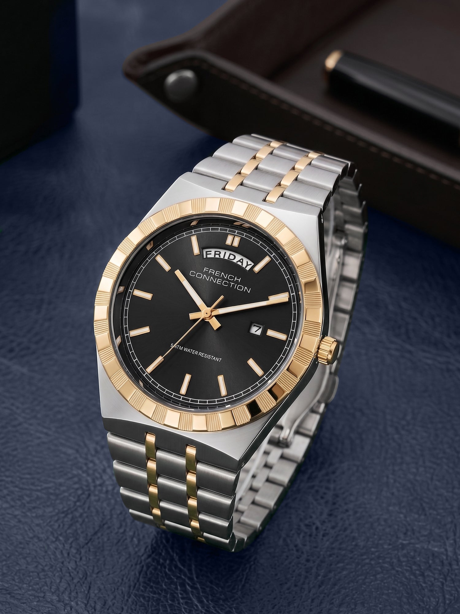 French Connection Courant Classique | Quartz Analog Display | Day Date Display Black Dial | Two-Tone Stainless Steel Strap | Watch for Men - FCN0211BTM