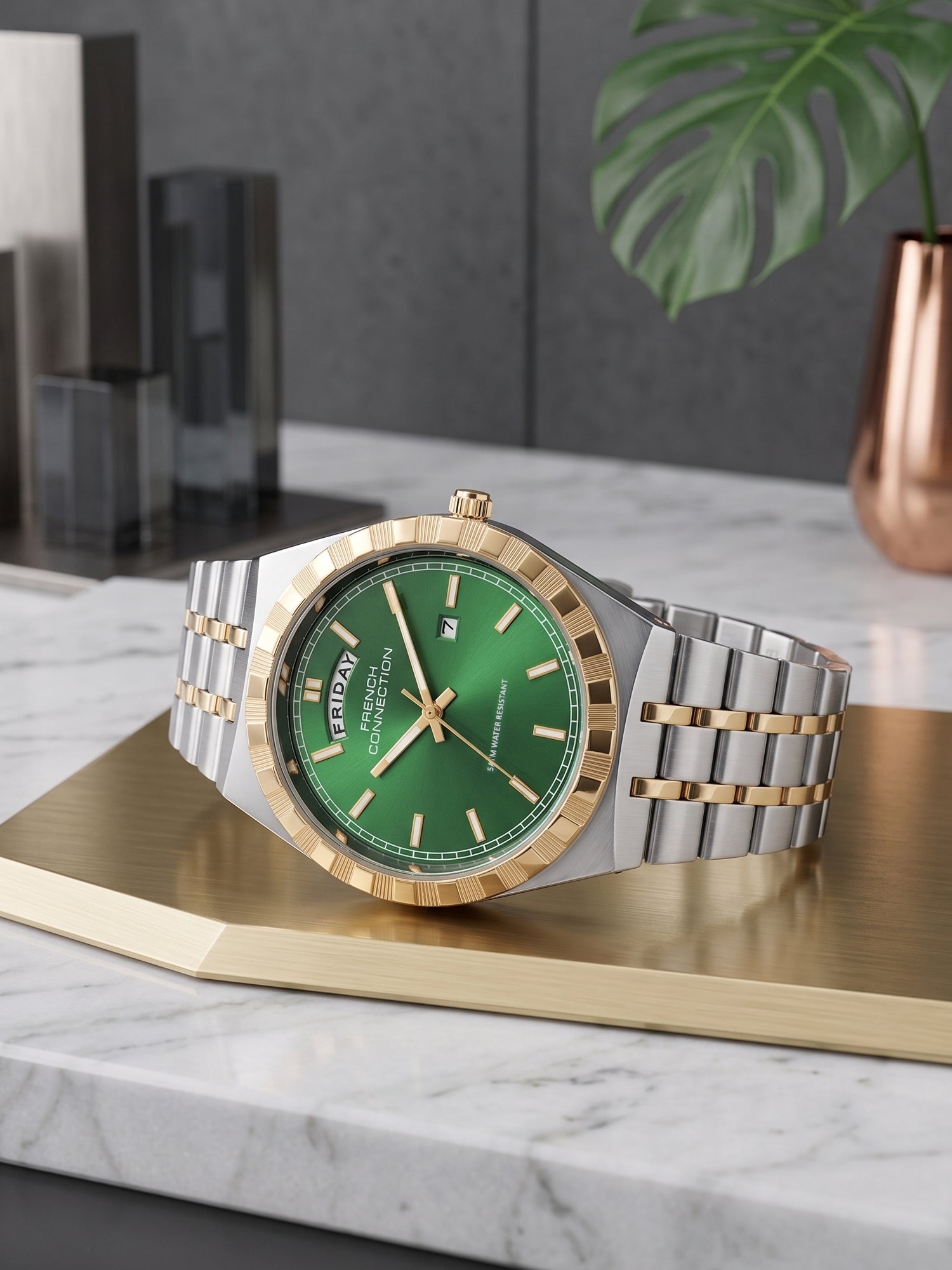 French Connection Courant Classique | Quartz Analog Display | Day Date Display Green Dial | Two-Tone Stainless Steel Strap | Watch for Men - FCN0211NTM