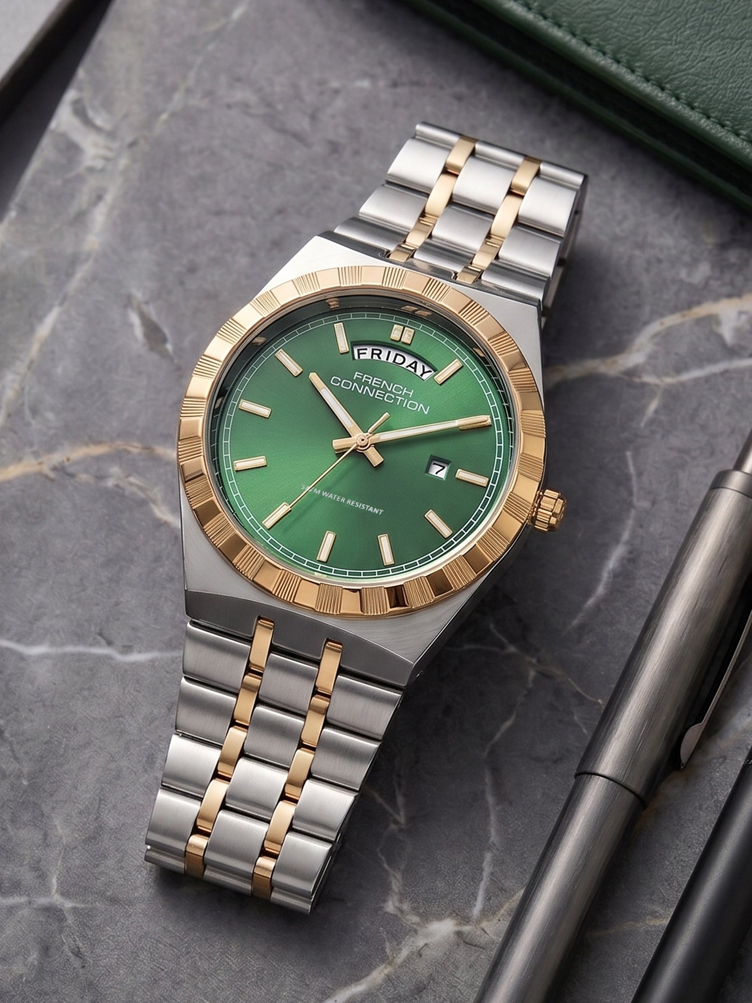 French Connection Courant Classique | Quartz Analog Display | Day Date Display Green Dial | Two-Tone Stainless Steel Strap | Watch for Men - FCN0211NTM