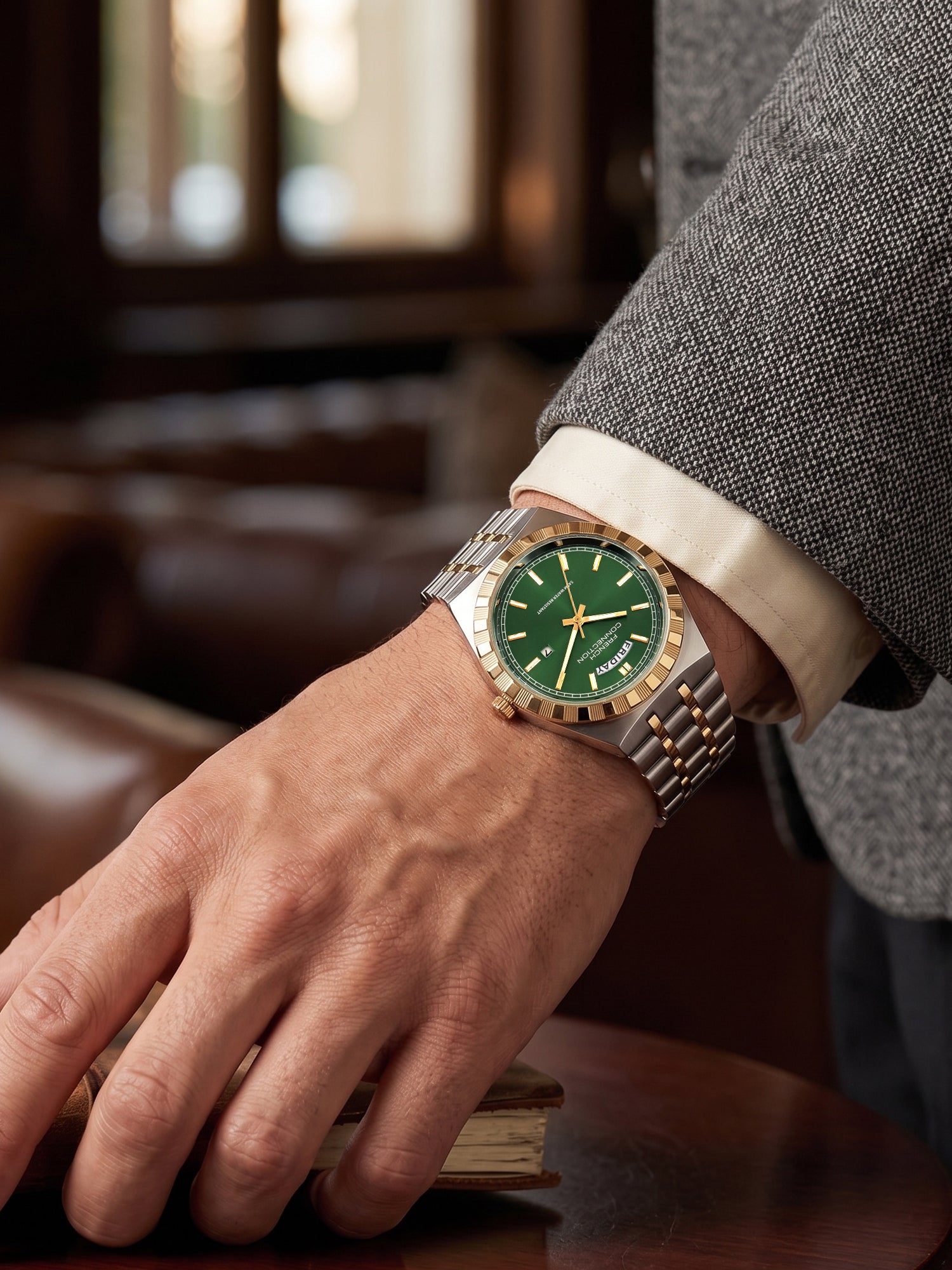 French Connection Courant Classique | Quartz Analog Display | Day Date Display Green Dial | Two-Tone Stainless Steel Strap | Watch for Men - FCN0211NTM