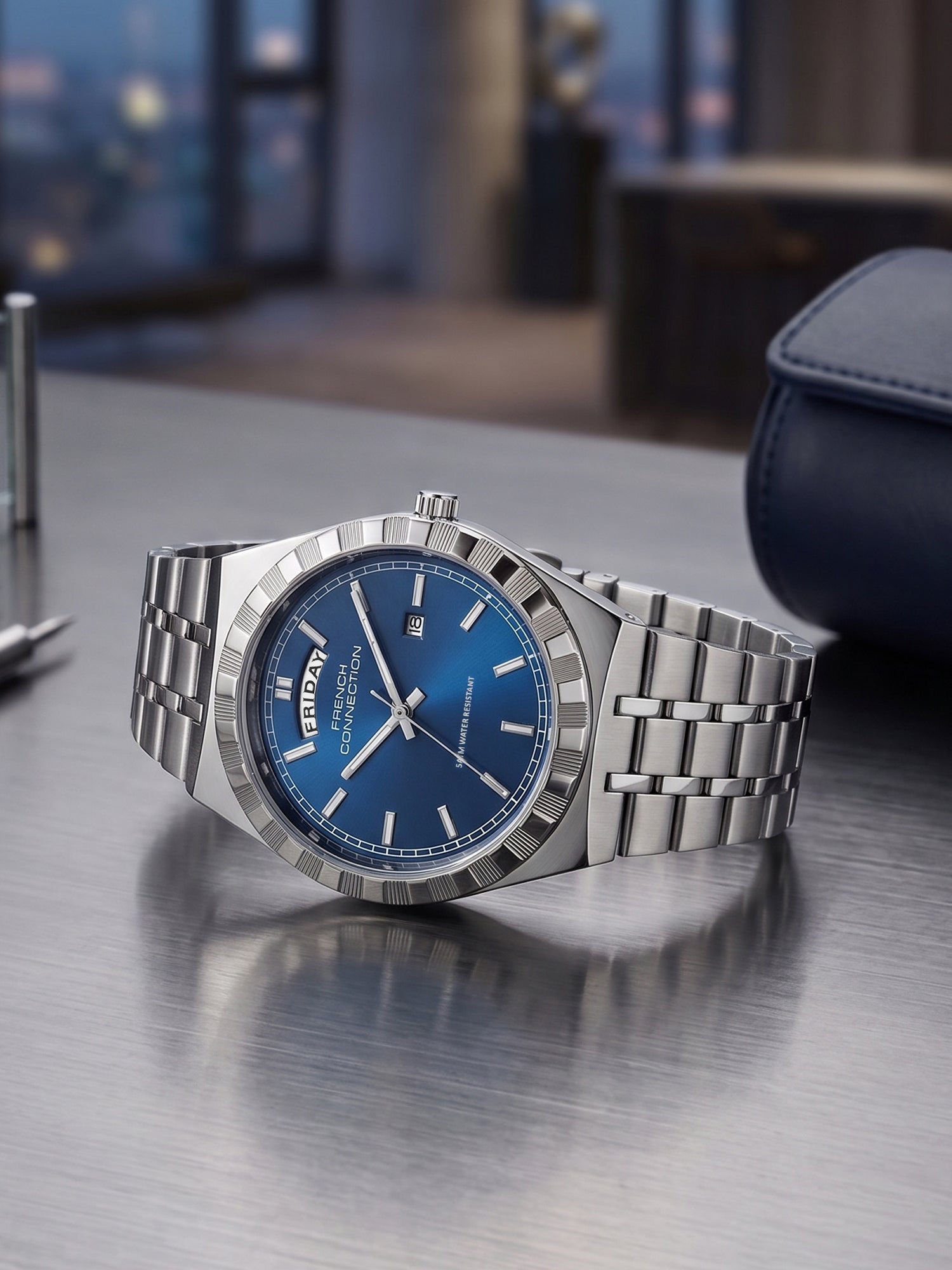 French Connection Courant Classique | Quartz Analog Display | Day Date Display Blue Dial | Two-Tone Stainless Steel Strap | Watch for Men - FCN0211USM