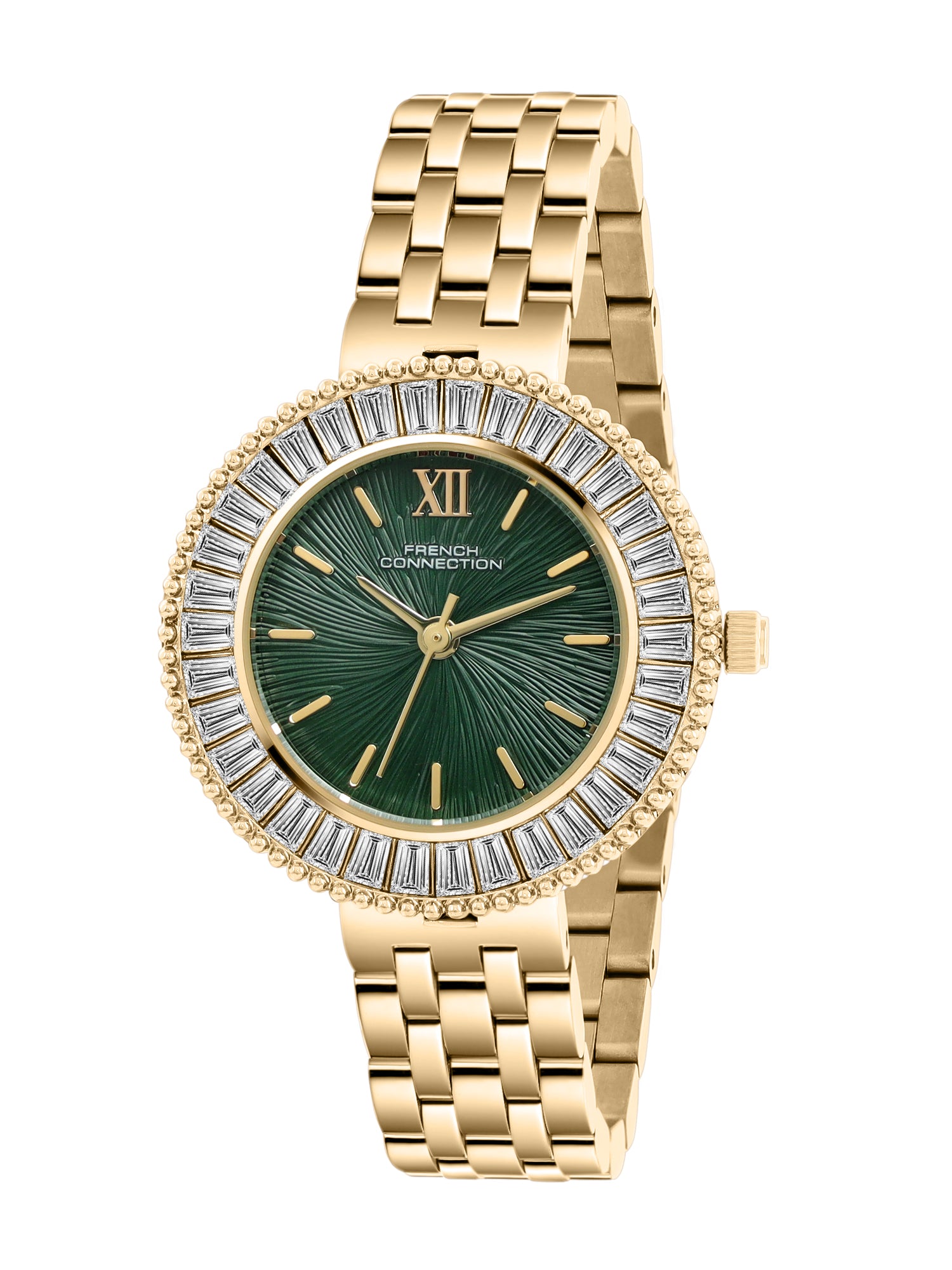French Connection Couronne Éclat | Quartz Jewellery Bezel | Green Dial | Stainless Steel Strap | Watch for Women - FCN0213NGM