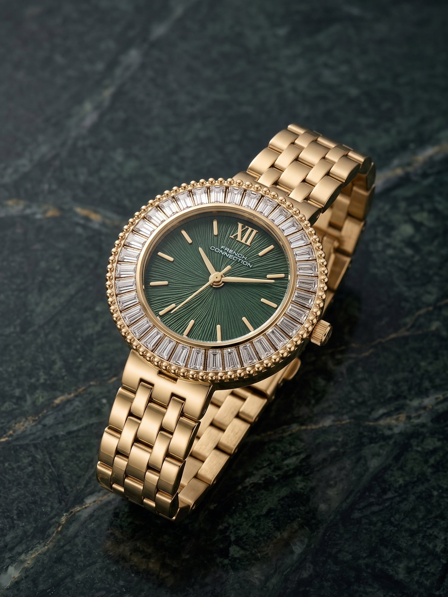 French Connection Couronne Éclat | Quartz Jewellery Bezel | Green Dial | Stainless Steel Strap | Watch for Women - FCN0213NGM