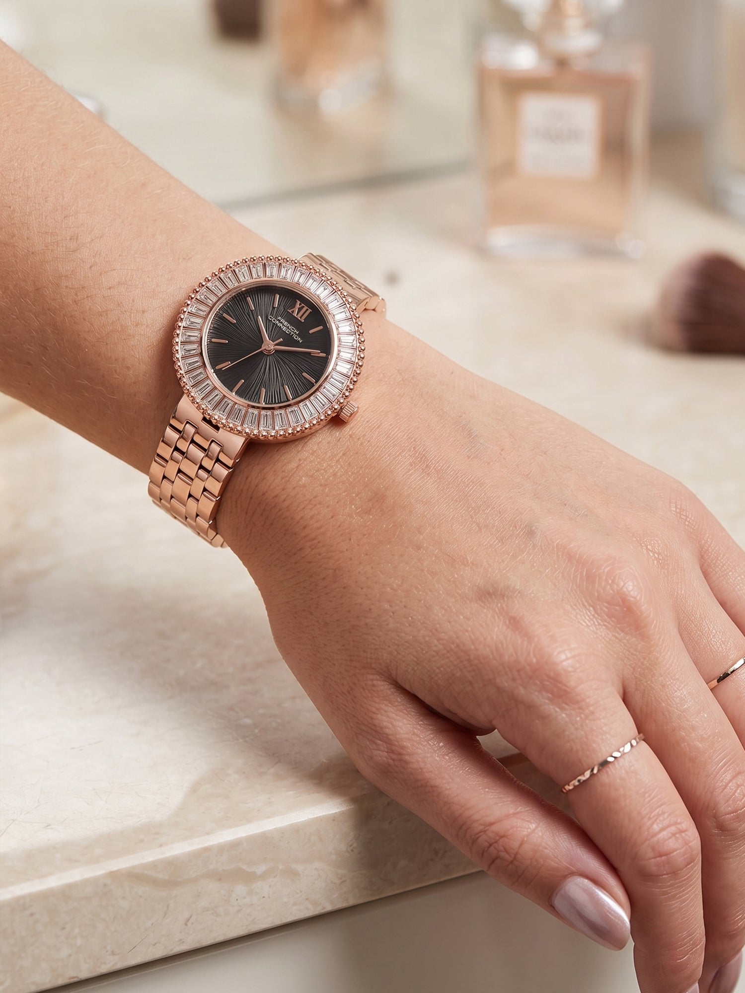 French Connection Couronne Éclat | Quartz Jewellery Bezel | Black Dial | Stainless Steel Strap | Watch for Women - FCN0213RGM