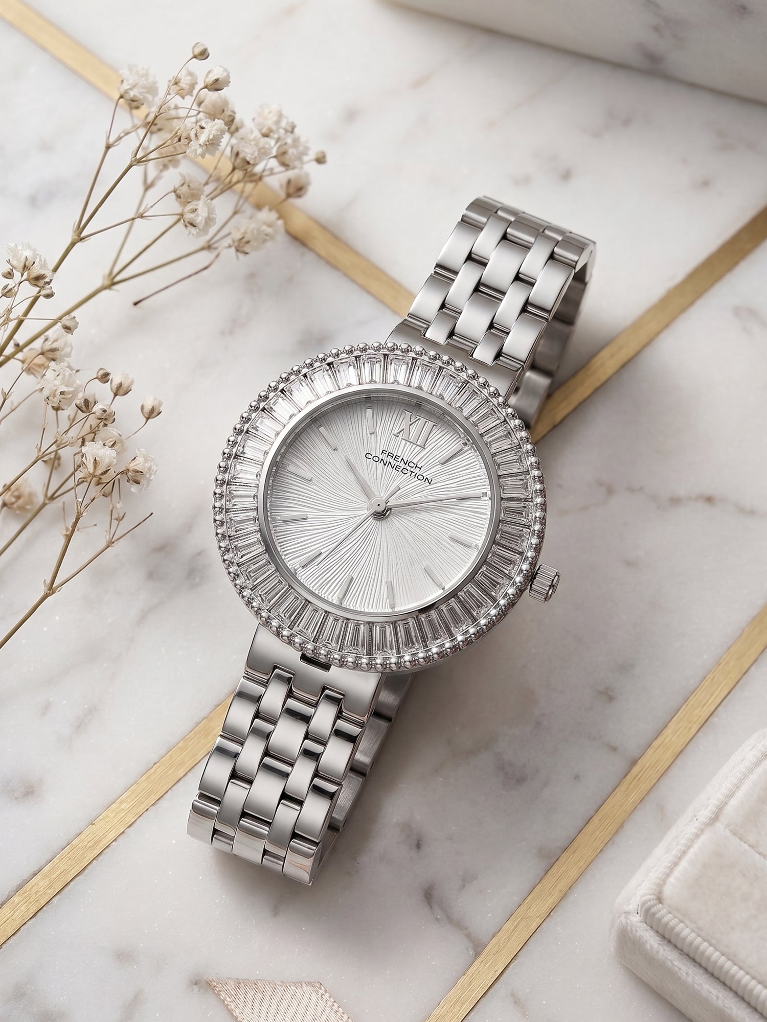 French Connection Couronne Éclat | Quartz Jewellery Bezel | White Dial | Stainless Steel Strap | Watch for Women - FCN0213SM