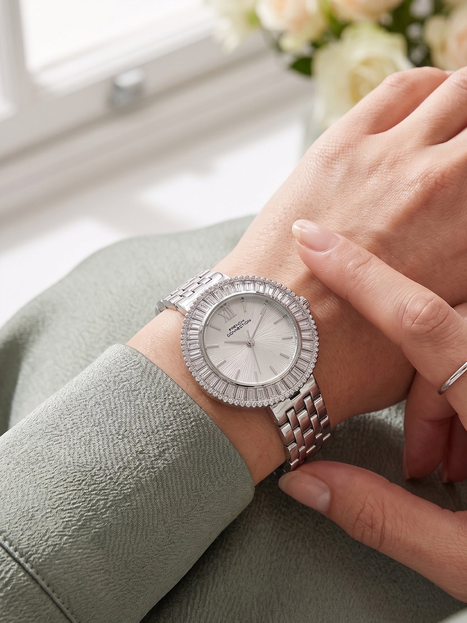 French Connection Couronne Éclat | Quartz Jewellery Bezel | White Dial | Stainless Steel Strap | Watch for Women - FCN0213SM