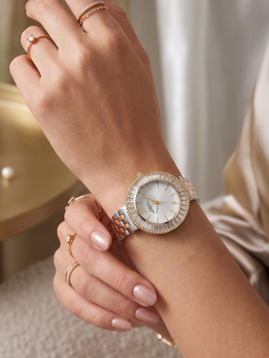 French Connection Couronne Éclat | Quartz Jewellery Bezel | White Dial | Stainless Steel Strap | Watch for Women - FCN0213TM