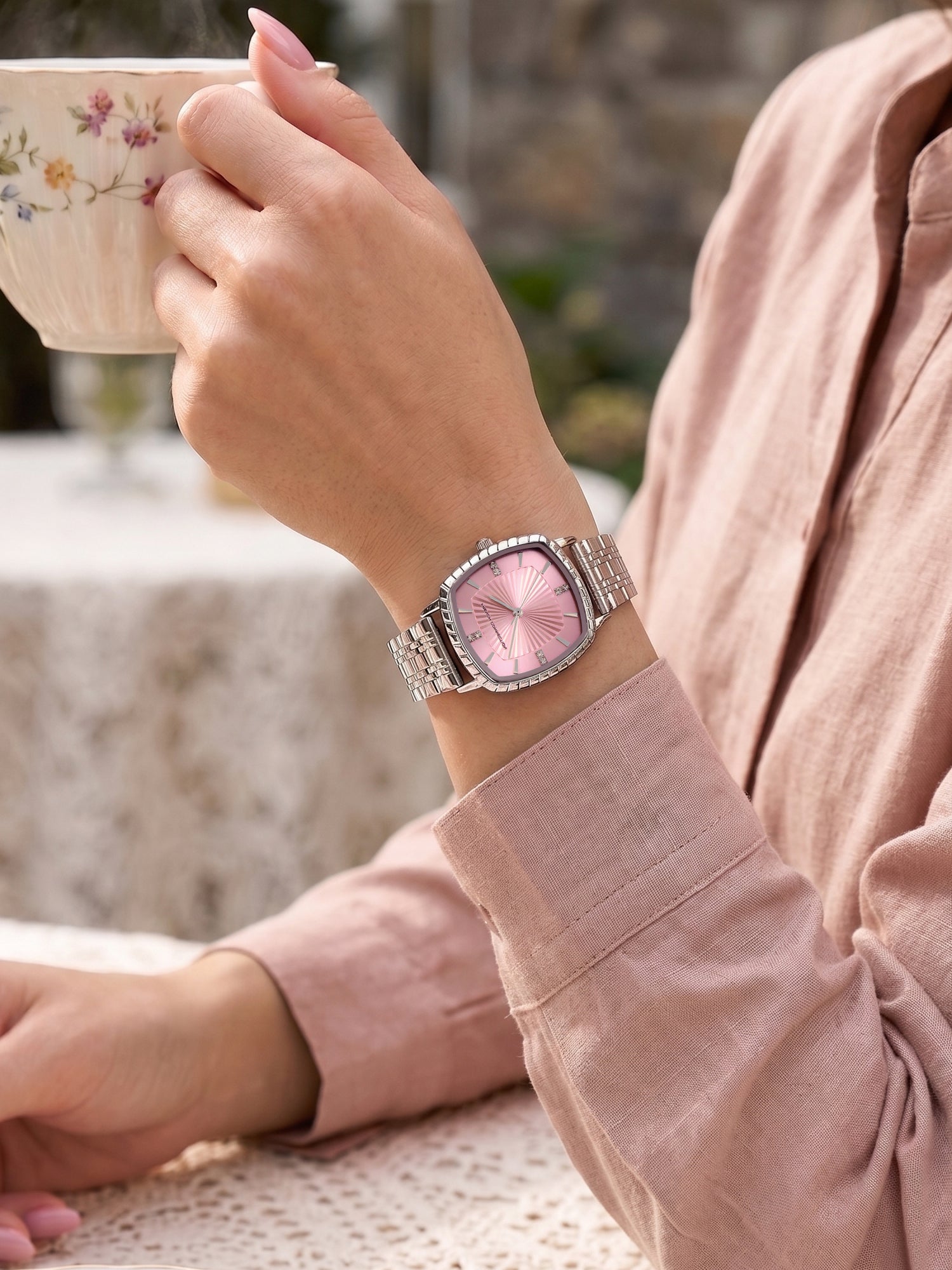 French Connection Luminéa | Quartz Jewellery Bezel | Pink Dial | Stainless Steel Strap | Watch for Women - FCN0214SM