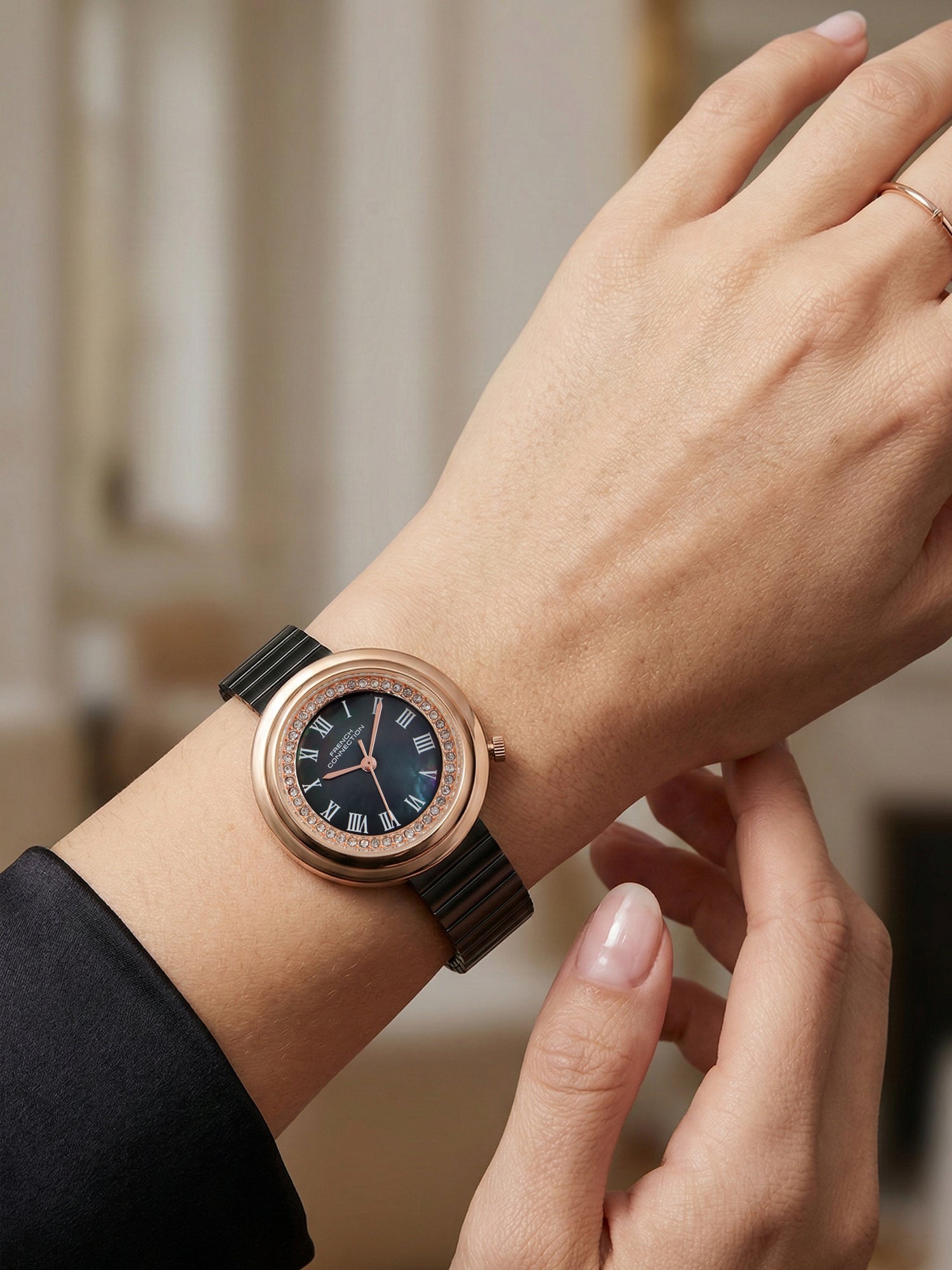 French Connection Héritage Lumière | Analog Display | Black Mother of Pearl Dial | Black Stainless Steel Strap | Watch for Women - FCN0216BM