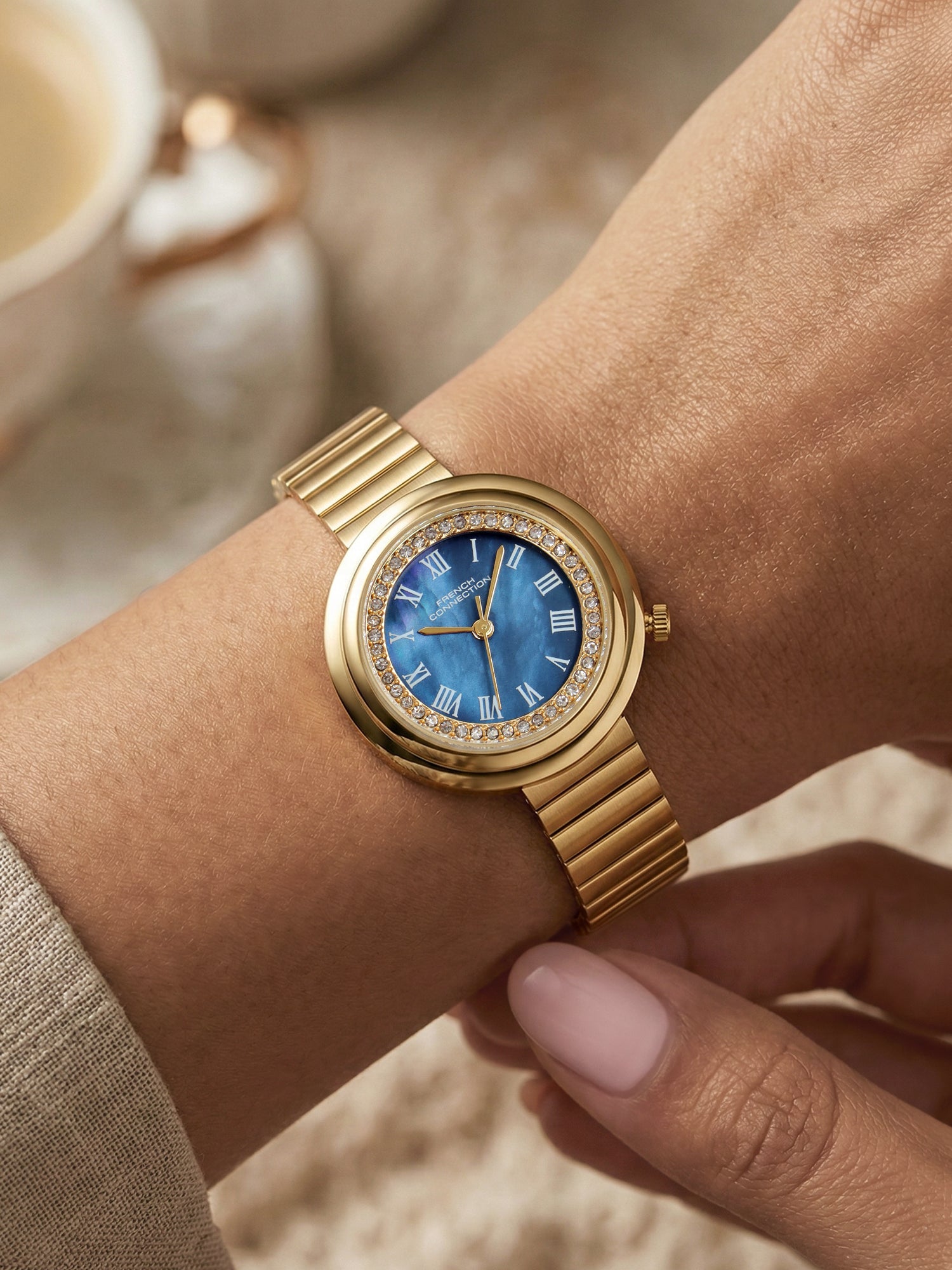 French Connection Héritage Lumière | Analog Display | Blue Mother of Pearl Dial | Gold Stainless Steel Strap | Watch for Women - FCN0216UGM