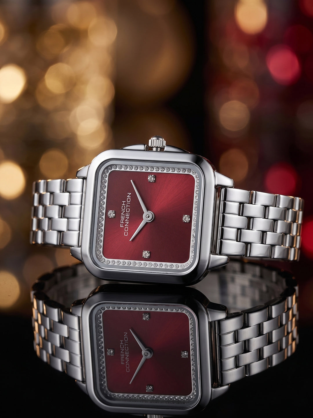 French Connection Bijou Carré | Analog Display | Maroon Sunray Dial | Stainless Steel Strap | Watch for Women - FCN0217MSM