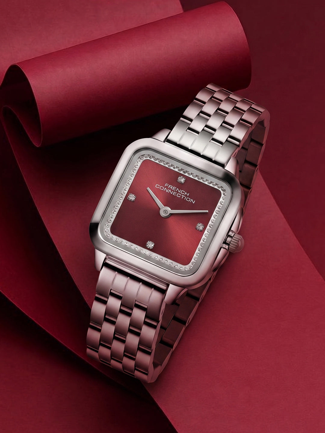 French Connection Bijou Carré | Analog Display | Maroon Sunray Dial | Stainless Steel Strap | Watch for Women - FCN0217MSM