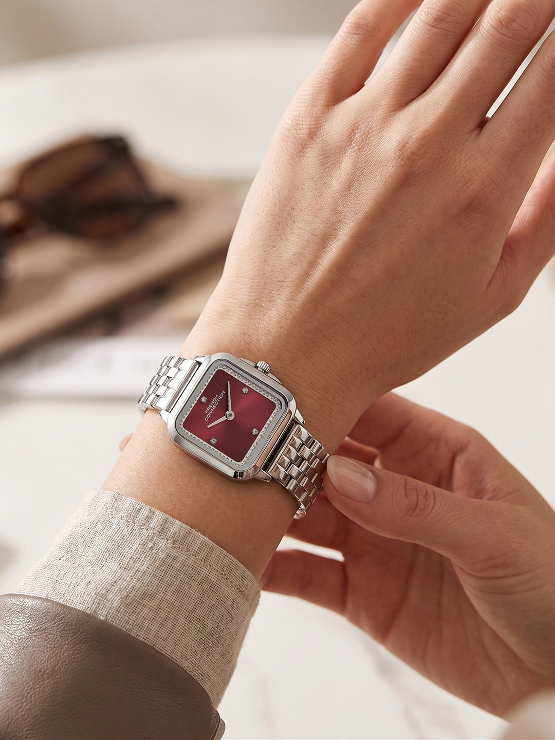 French Connection Bijou Carré | Analog Display | Maroon Sunray Dial | Stainless Steel Strap | Watch for Women - FCN0217MSM